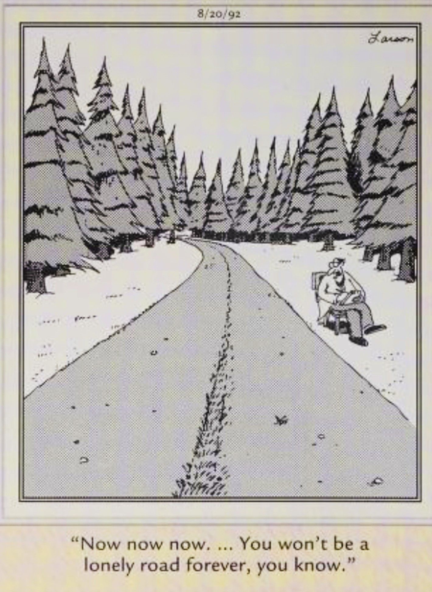 Far Side, August 20, 1992, a therapist tells a road it wont be lonely forever