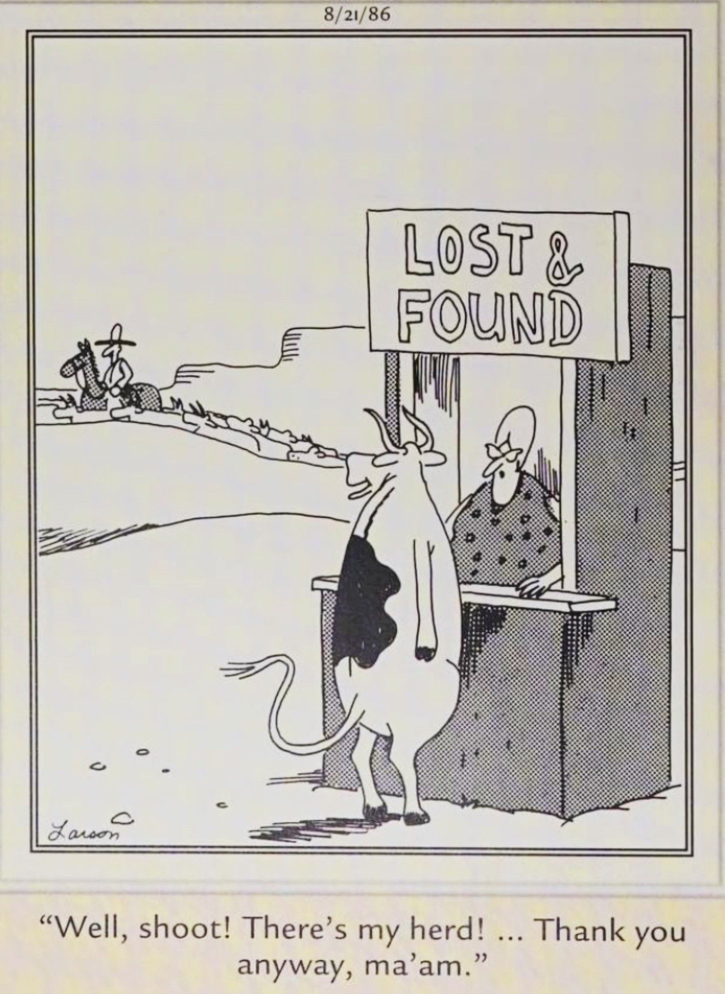 Far Side, August 21, 1986, a stray cow checks the Lost and Found for its herd