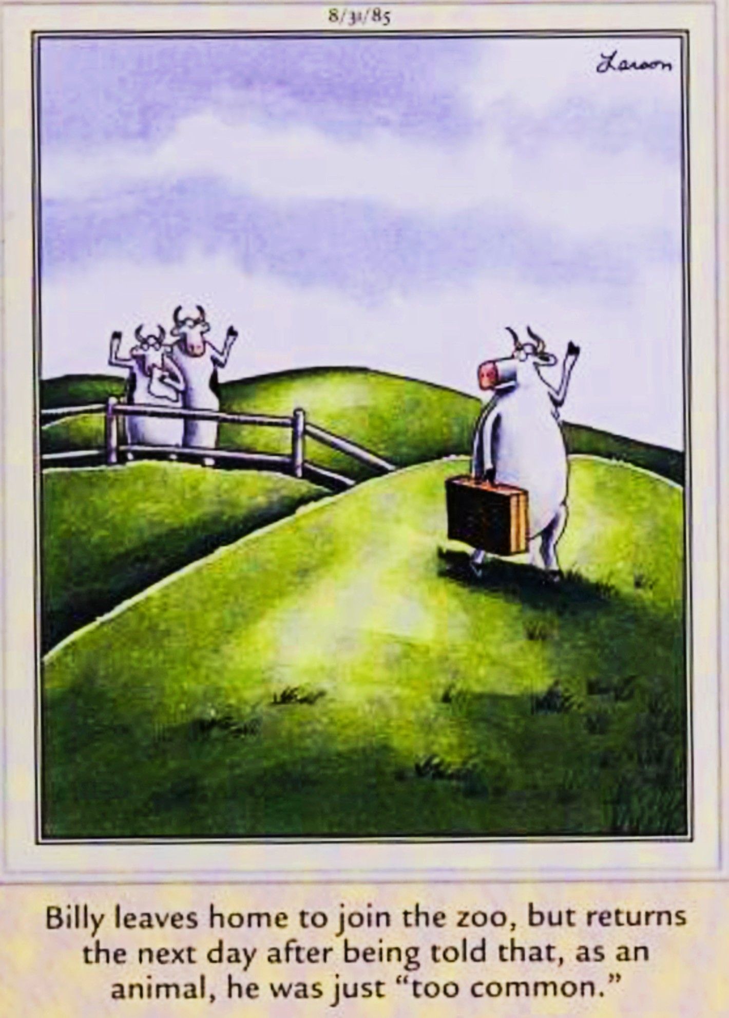 Far Side, August 31, 1985, a cow with a briefcase waves goodbye to its family as it leaves for the zoo