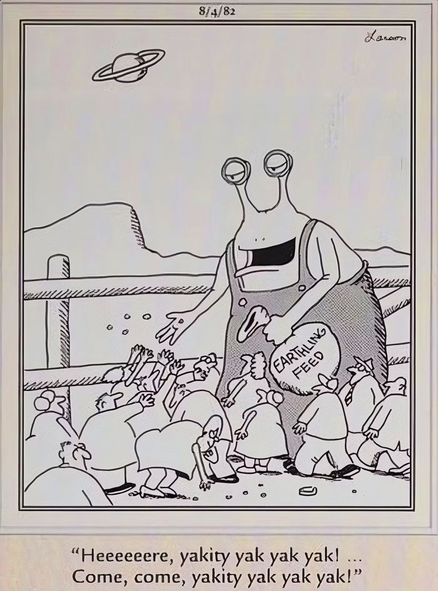 Far Side, August 4, 1982, an alien feeds humans like chickens