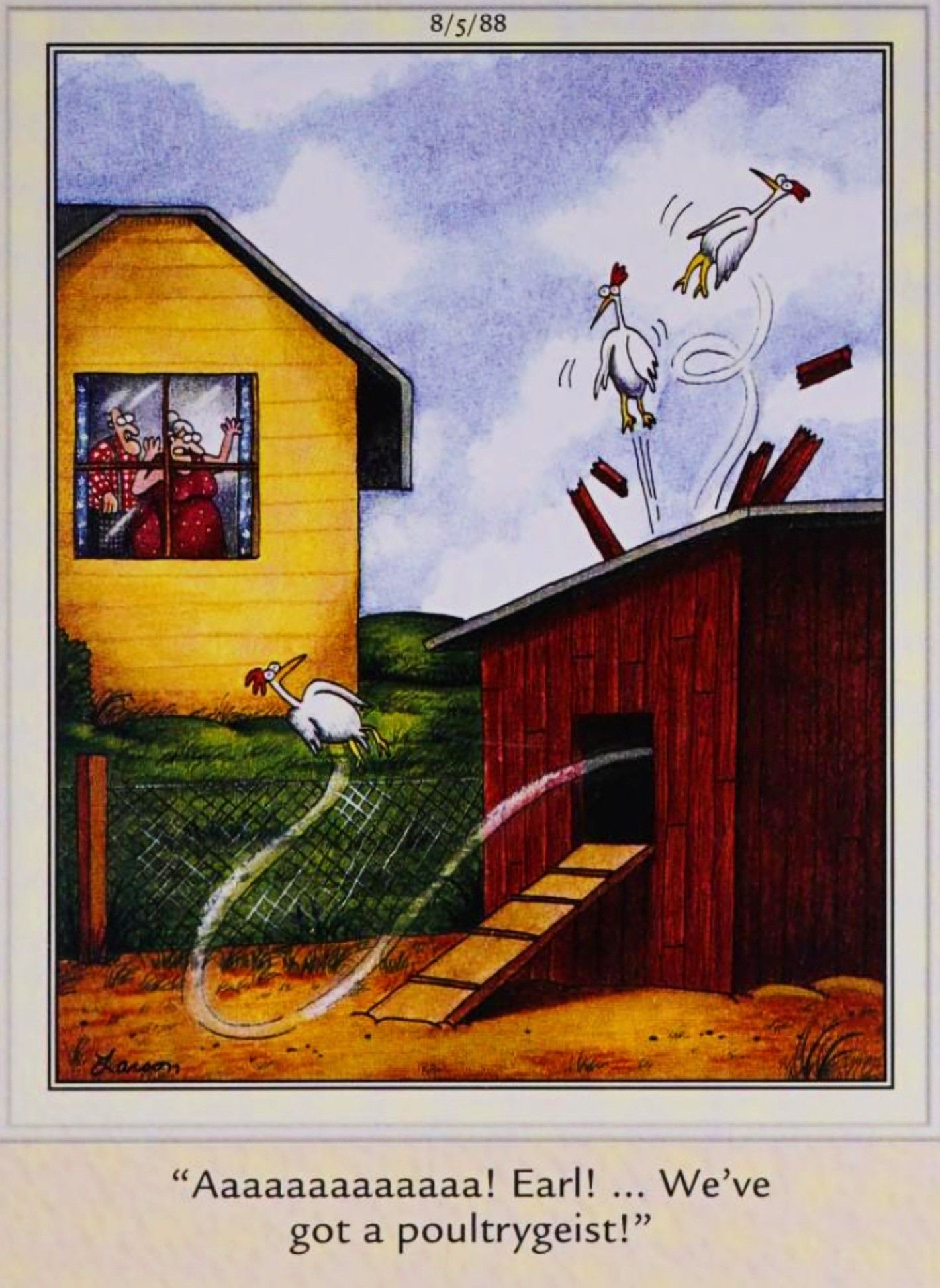 Far Side, August 5, 1988, a &lsquo;poultrygeist&rsquo; sends a farmer&rsquo;s chickens flying