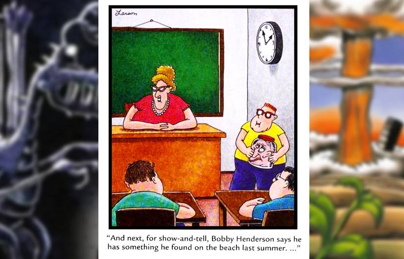 far side comic where a kid has a head in a jar