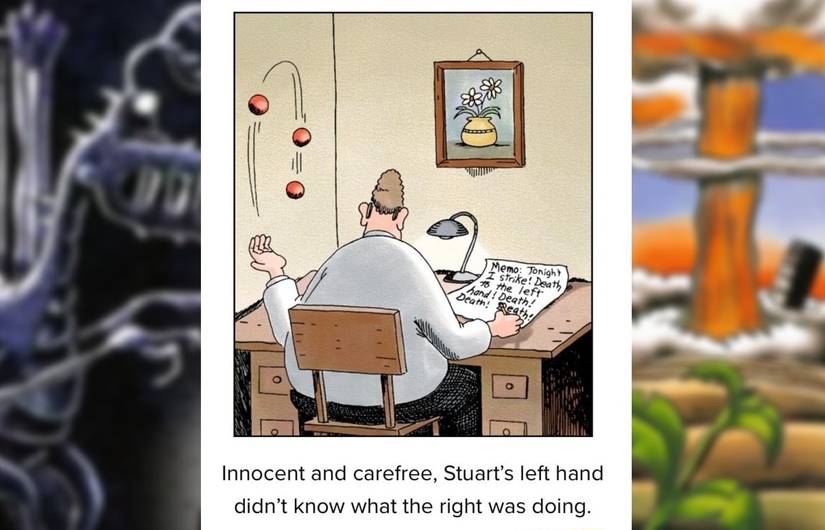 far side comic where a man's hands have their own minds
