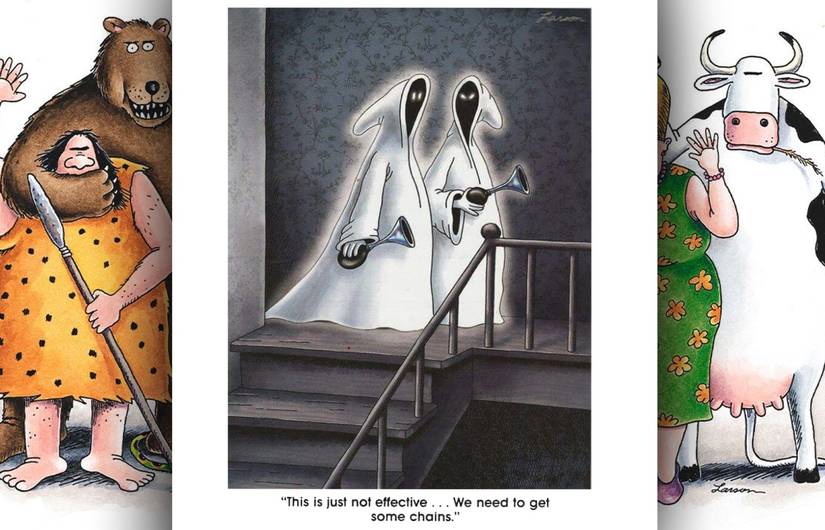 far side comic where ghosts use a horn