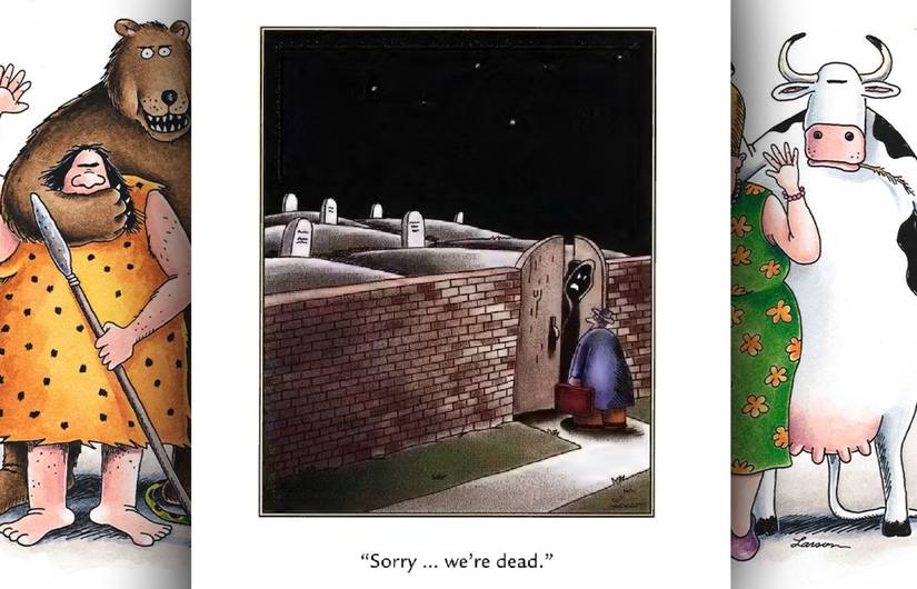 far side comic where salesman tries to sell to ghosts