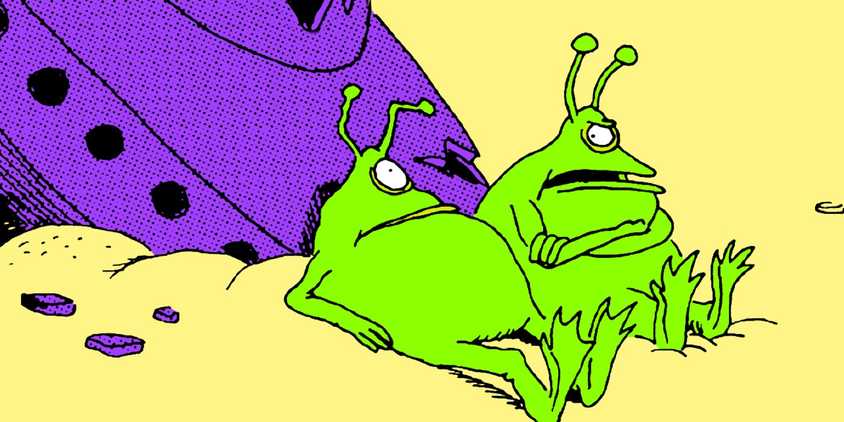 Far Side comic where two aliens look annoyed after crashing their UFO ship