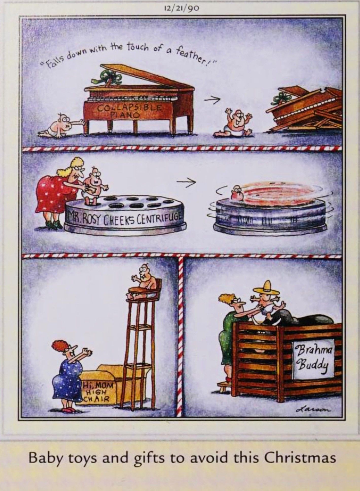 Far Side, December 12, 1990, depicting dangers &lsquo;baby toys to avoid at Christmas&rsquo;