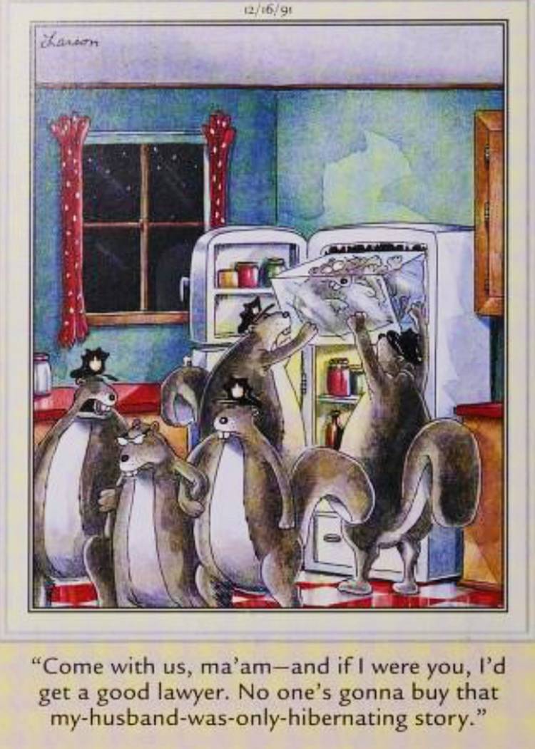 Far Side, December 16, 1991, chipmunk police find a chipmunk husband frozen in his wife's freezer