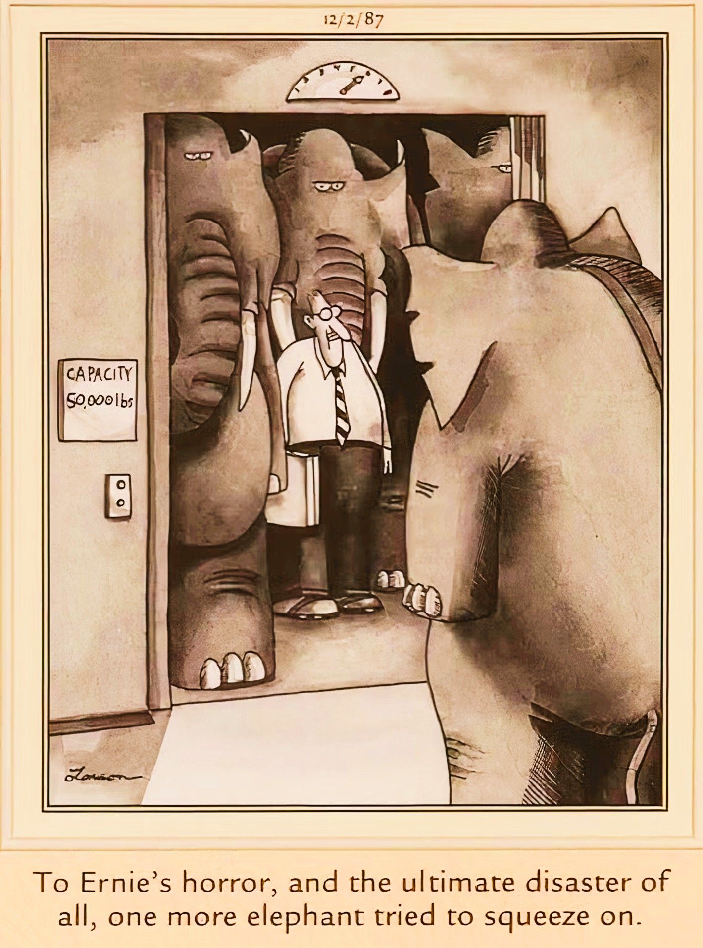 Far Side December 2, 1987, a man gets in an elevator crowded with elephants