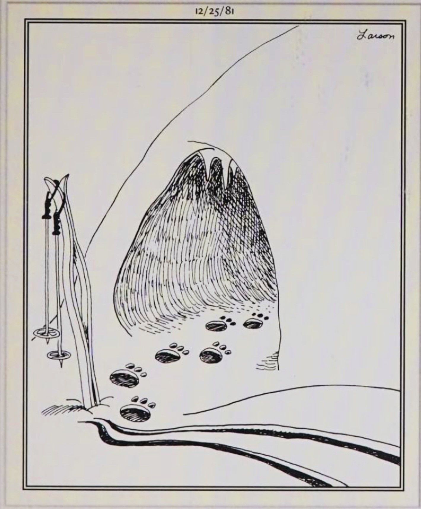 Far Side, December 25, 1981, bear tracks lead into a cave where skiers are resting