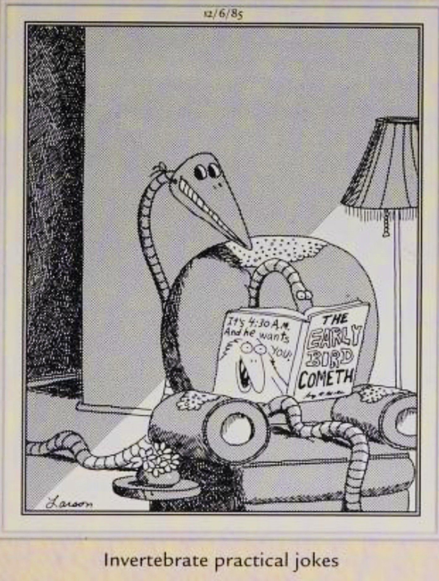 Far Side, December 6, 1985, a snake wearing a mask sneaks up on another while it is reading