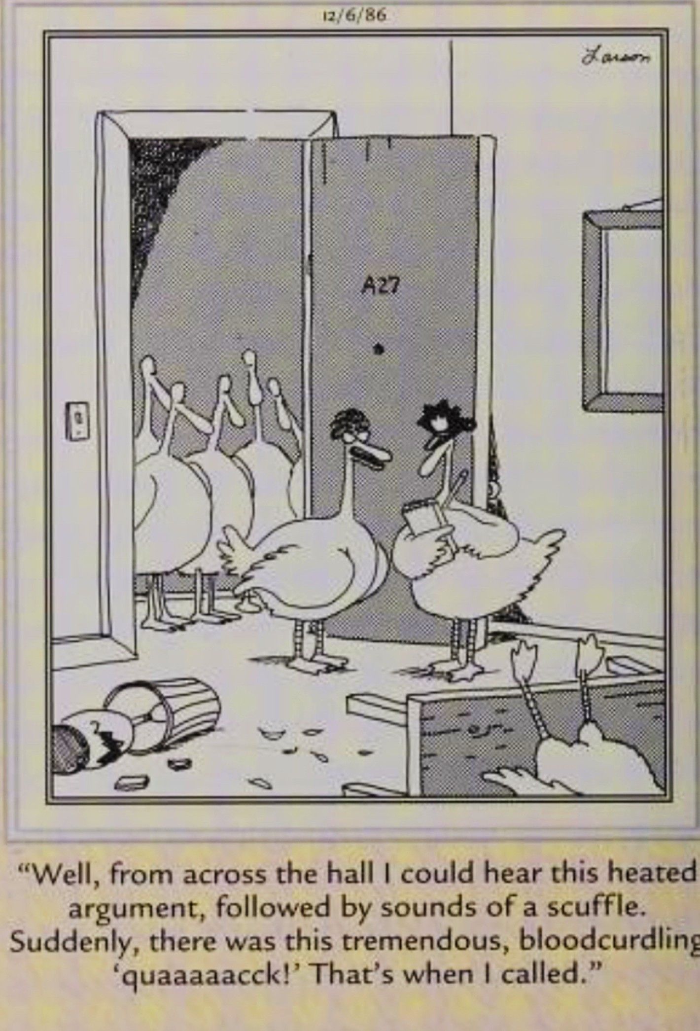 Far Side, December 6, 1986, ducks at a crime scene