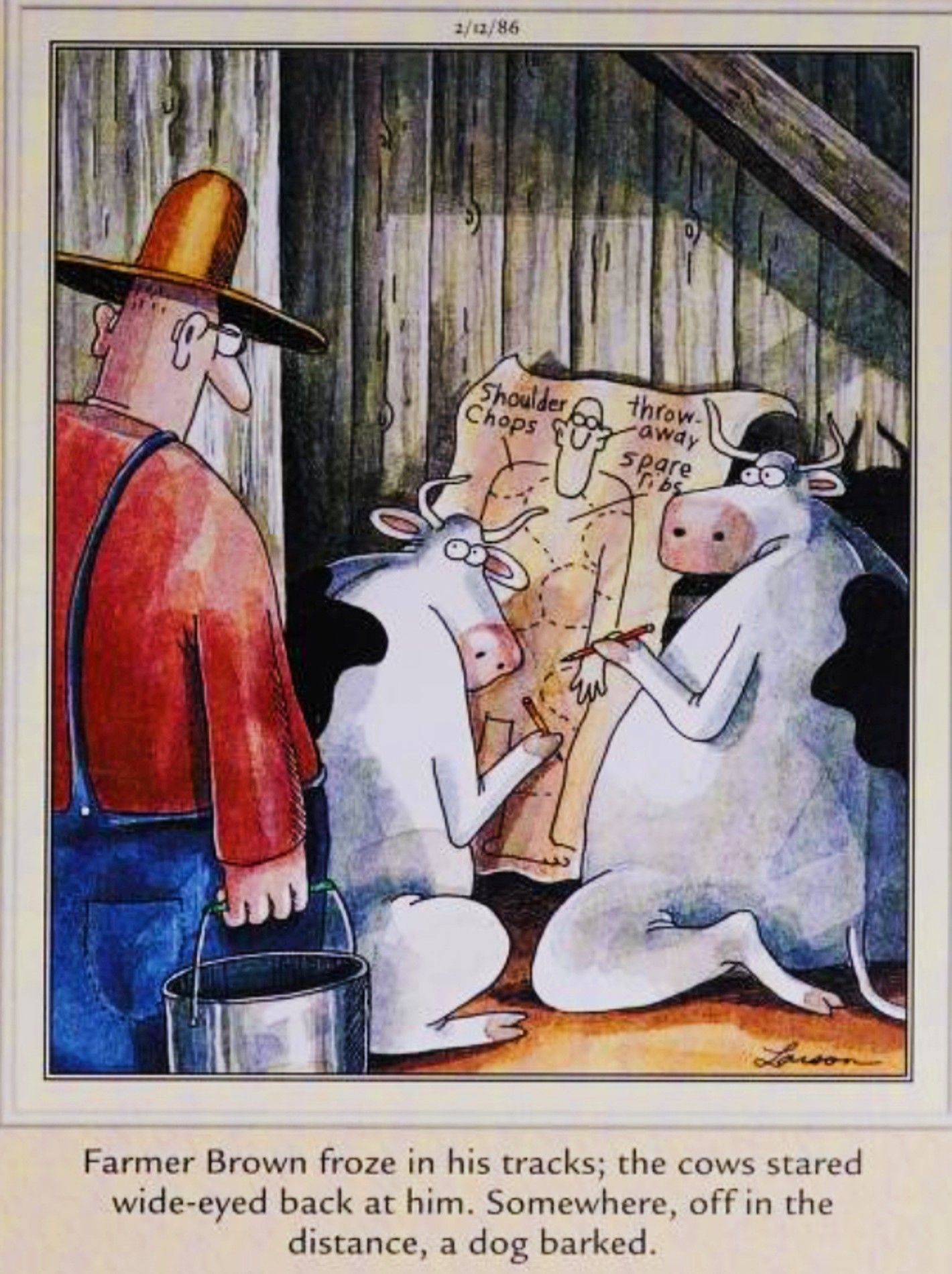 Far Side, February 12, 1986, cows caught diagraming how to cut up the farmer