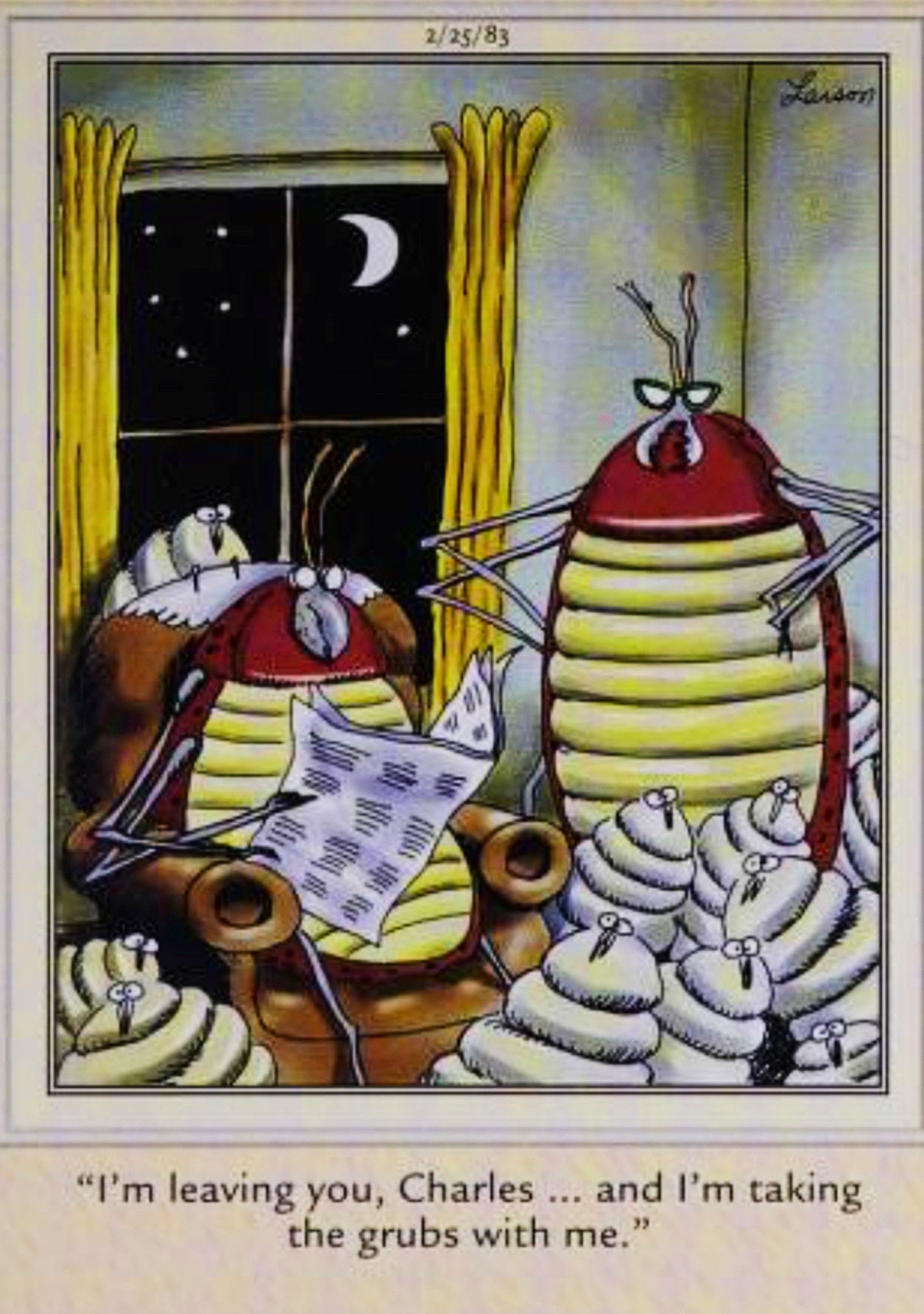 Far Side, 25 febbraio 1983: una moglie mosca prende i vermi e lascia il marito