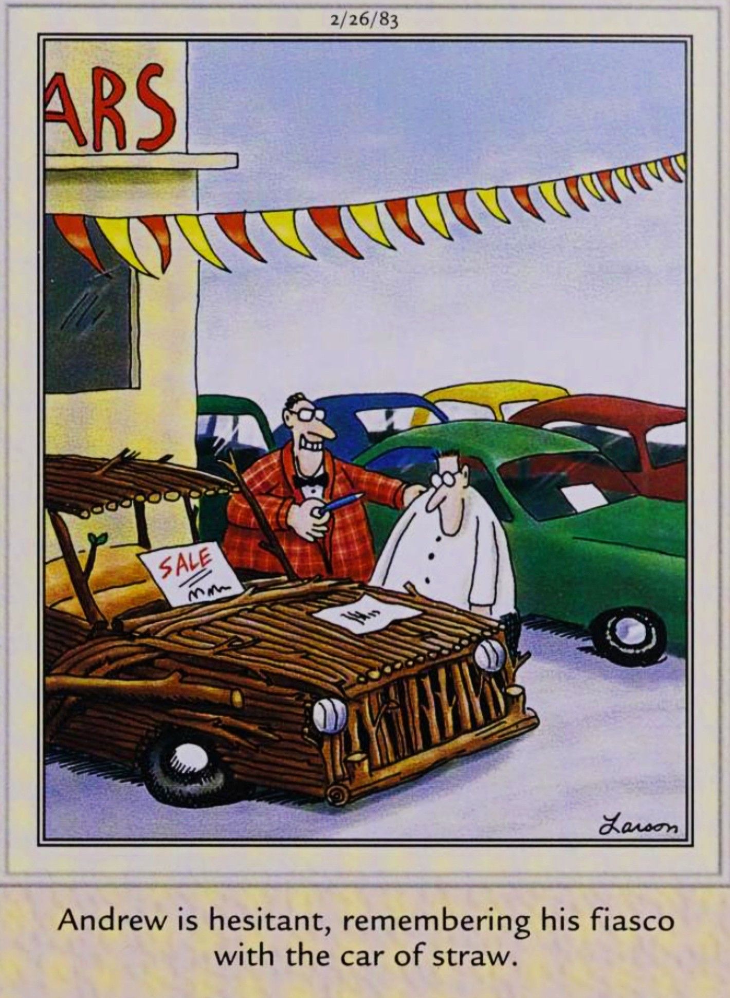 Far Side, February 26, 1983, a man is pressured into buying a wooden car