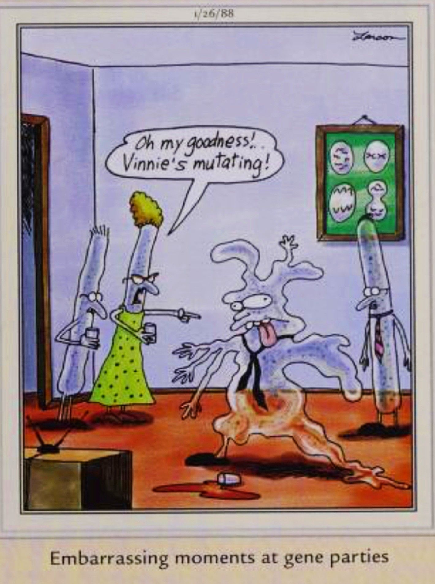 Far Side, January 26, 1988, a single-celled organism starts to mutate at a party