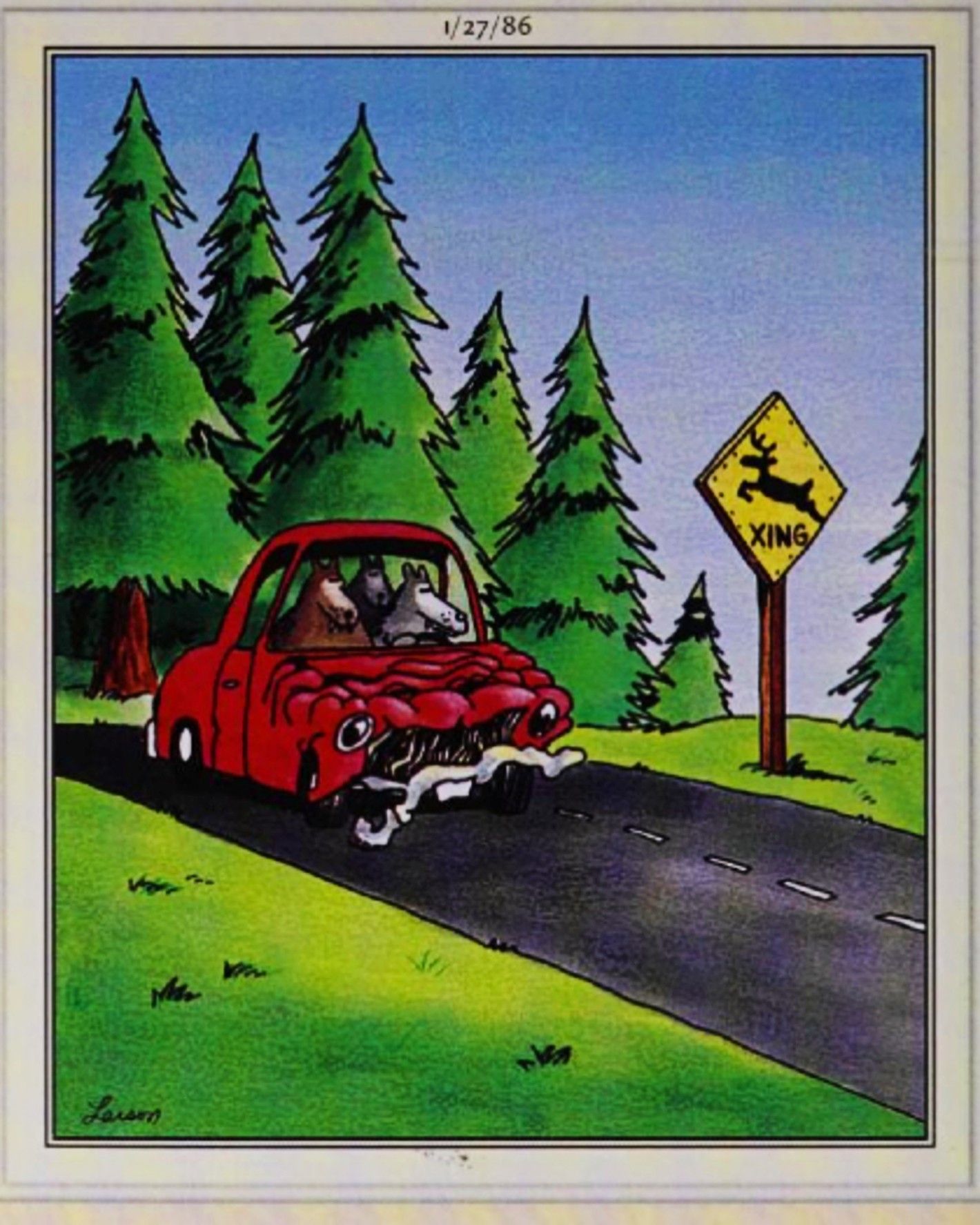 Far Side, January 27, 1986, wolves drive a car with a busted front end through a Deer Xing area