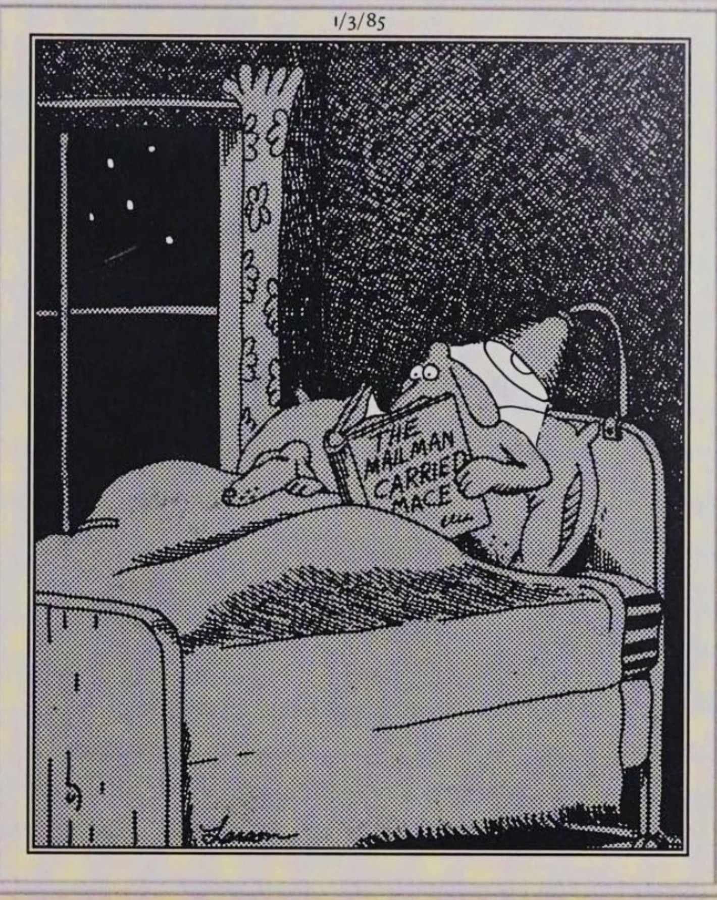Far Side, January 3, 1985, a dog up late reading &lsquo;the mailman carried mace&rsquo;