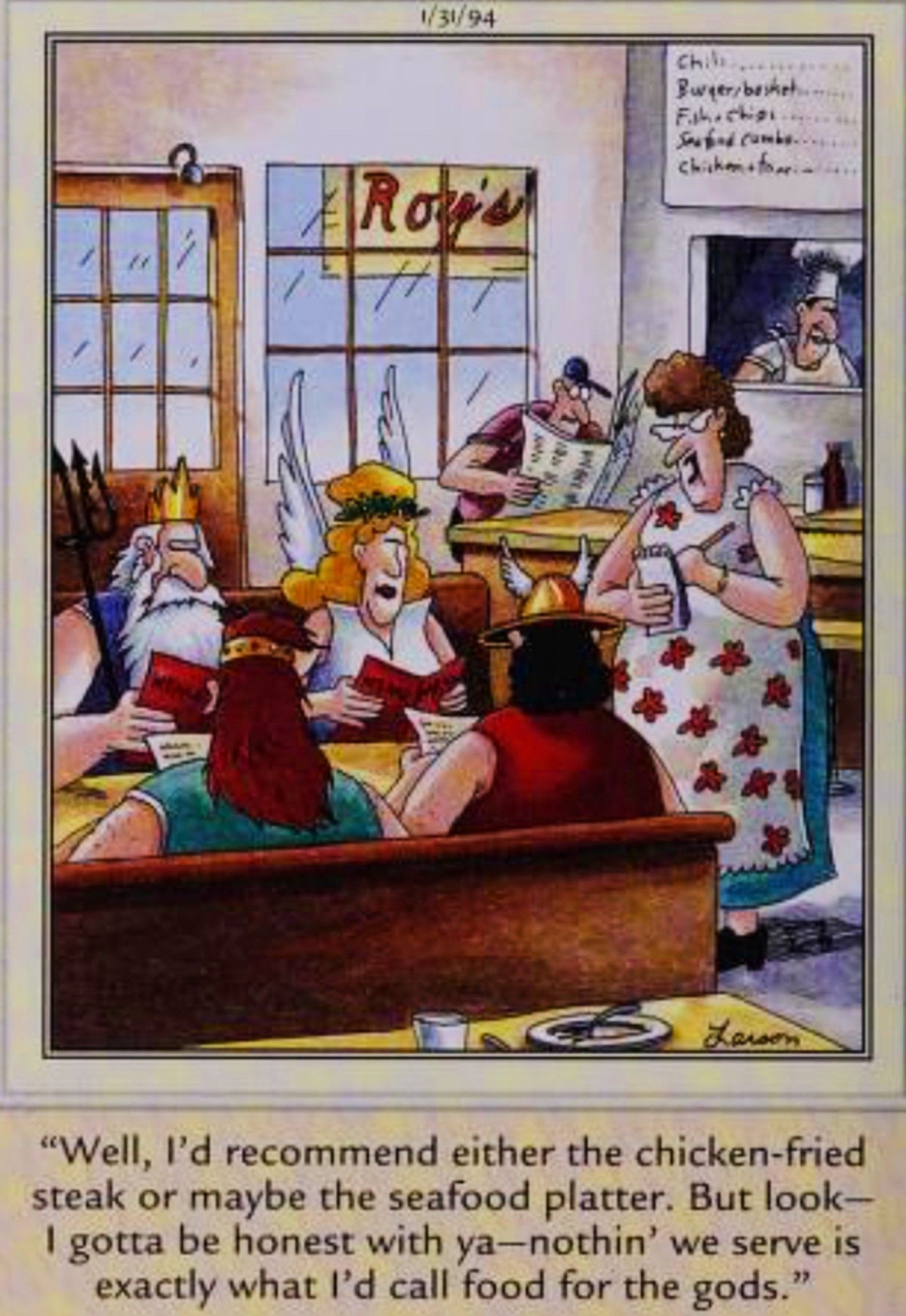 Far Side, January 31, 1994, deities at a diner ordering food