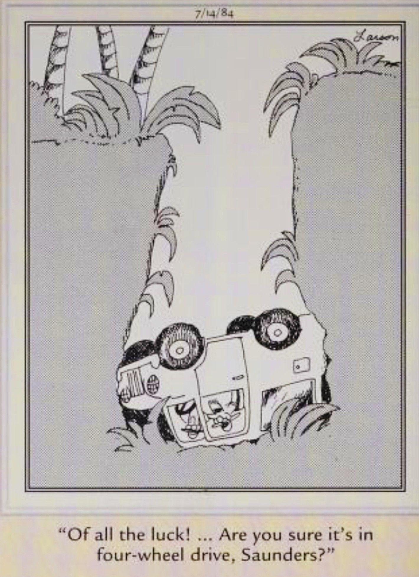 Far Side, July 14, 1984, a car upside down in a ditch in the middle of the jungle