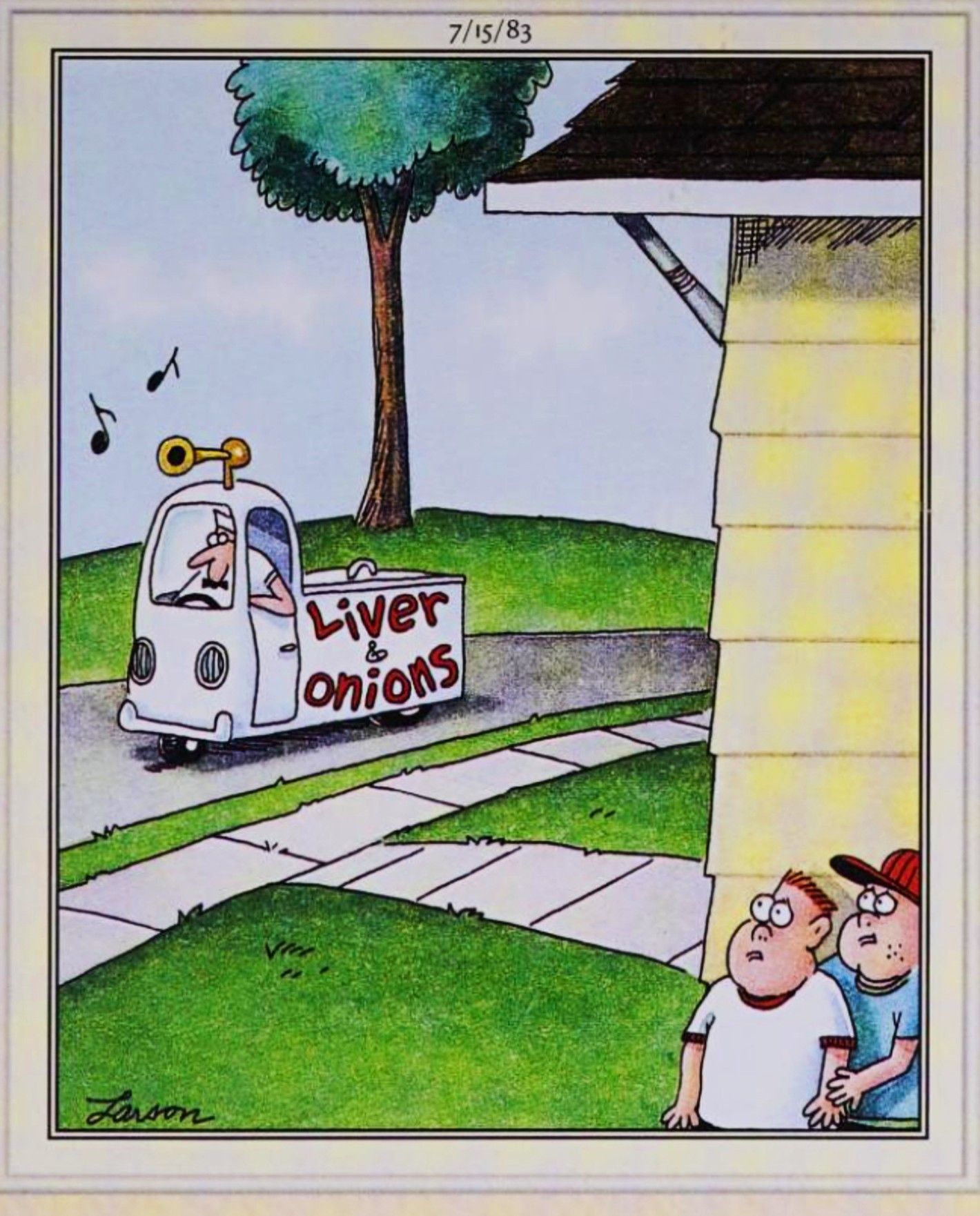 Far Side, July 15, 1983, kids looking side-eyed at the &lsquo;liver and onions&rsquo; truck