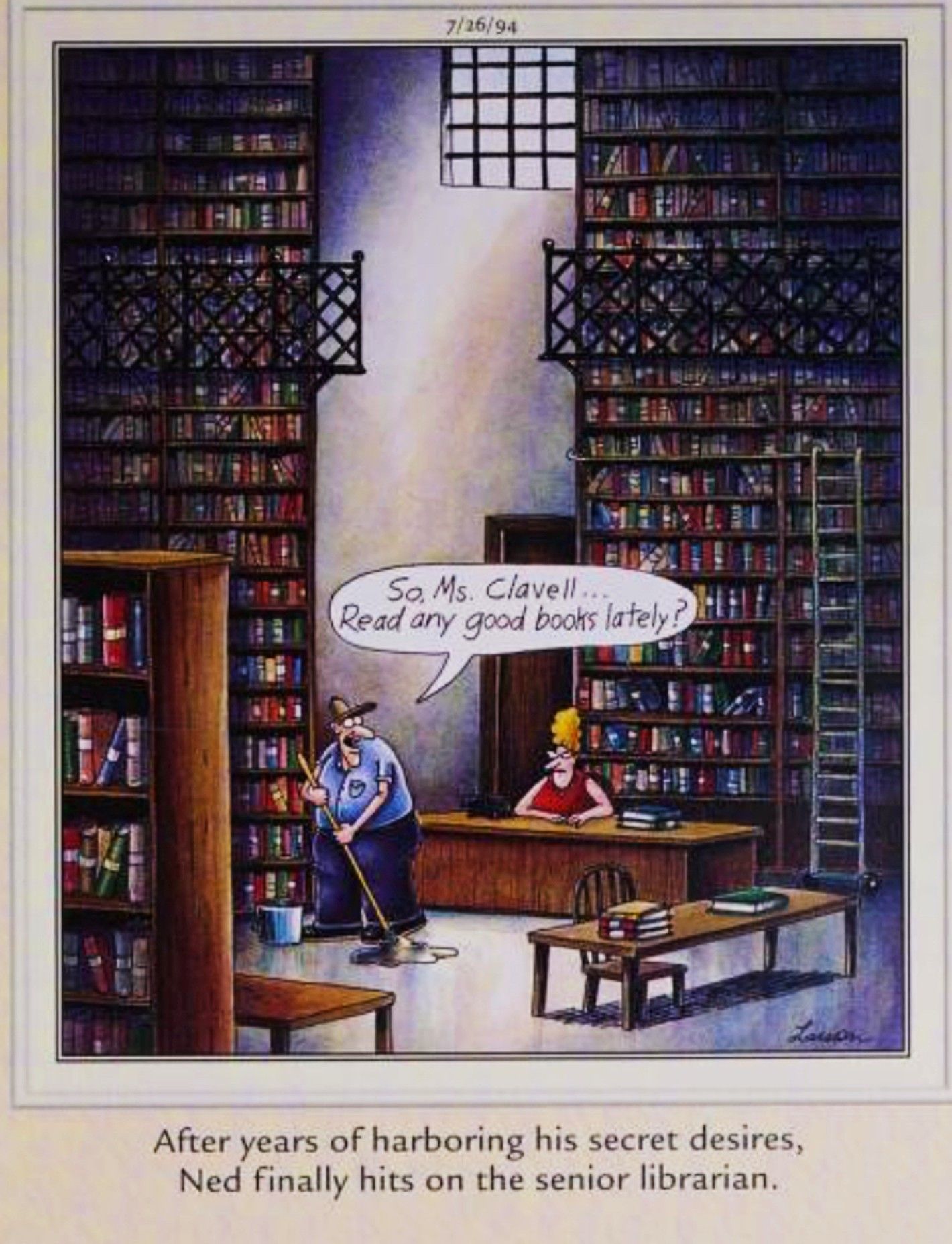 Far Side, July 26, 1994, a custodian flirts with a librarian