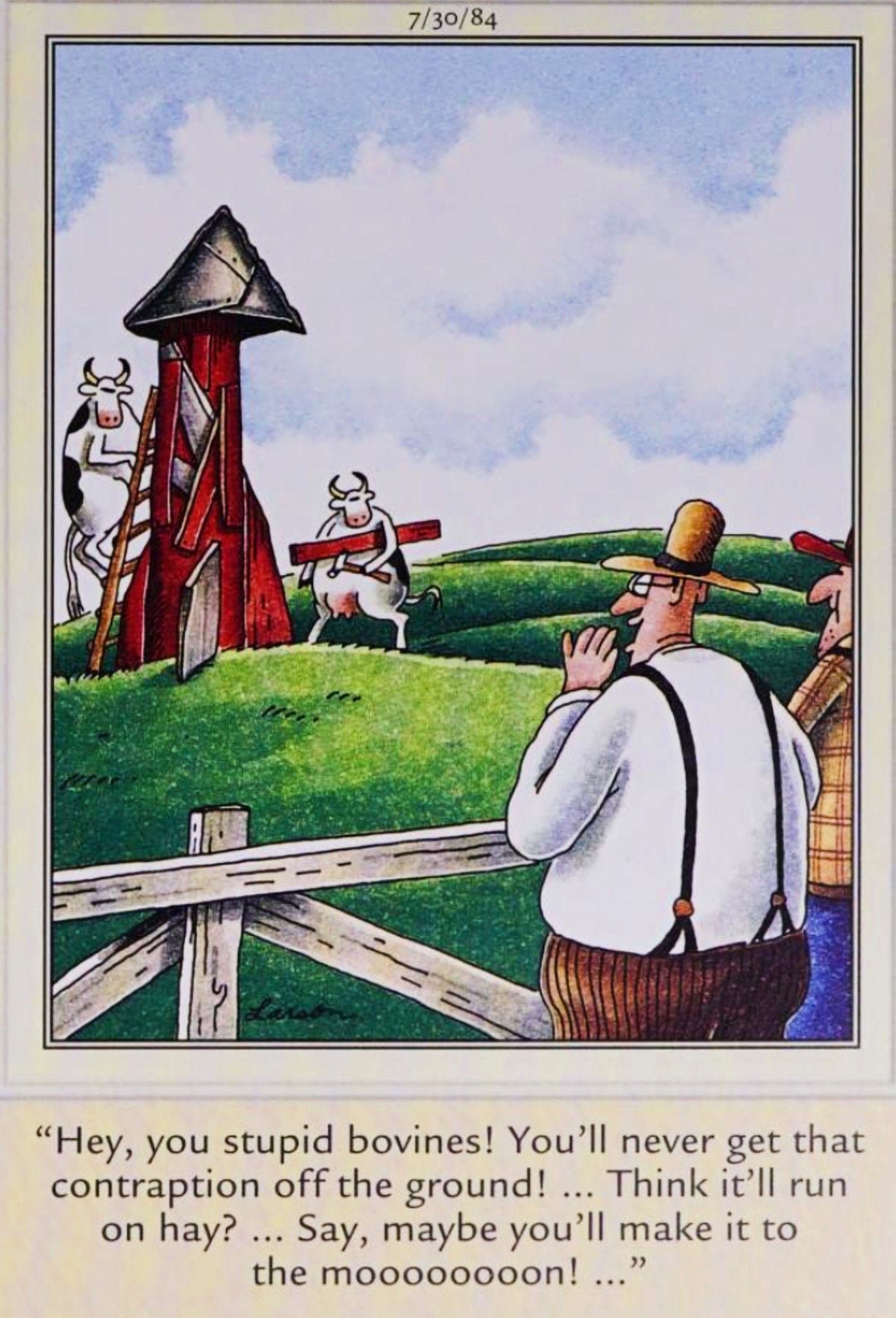 Far Side, July 30 1984, farmers heckle cows building a rocket