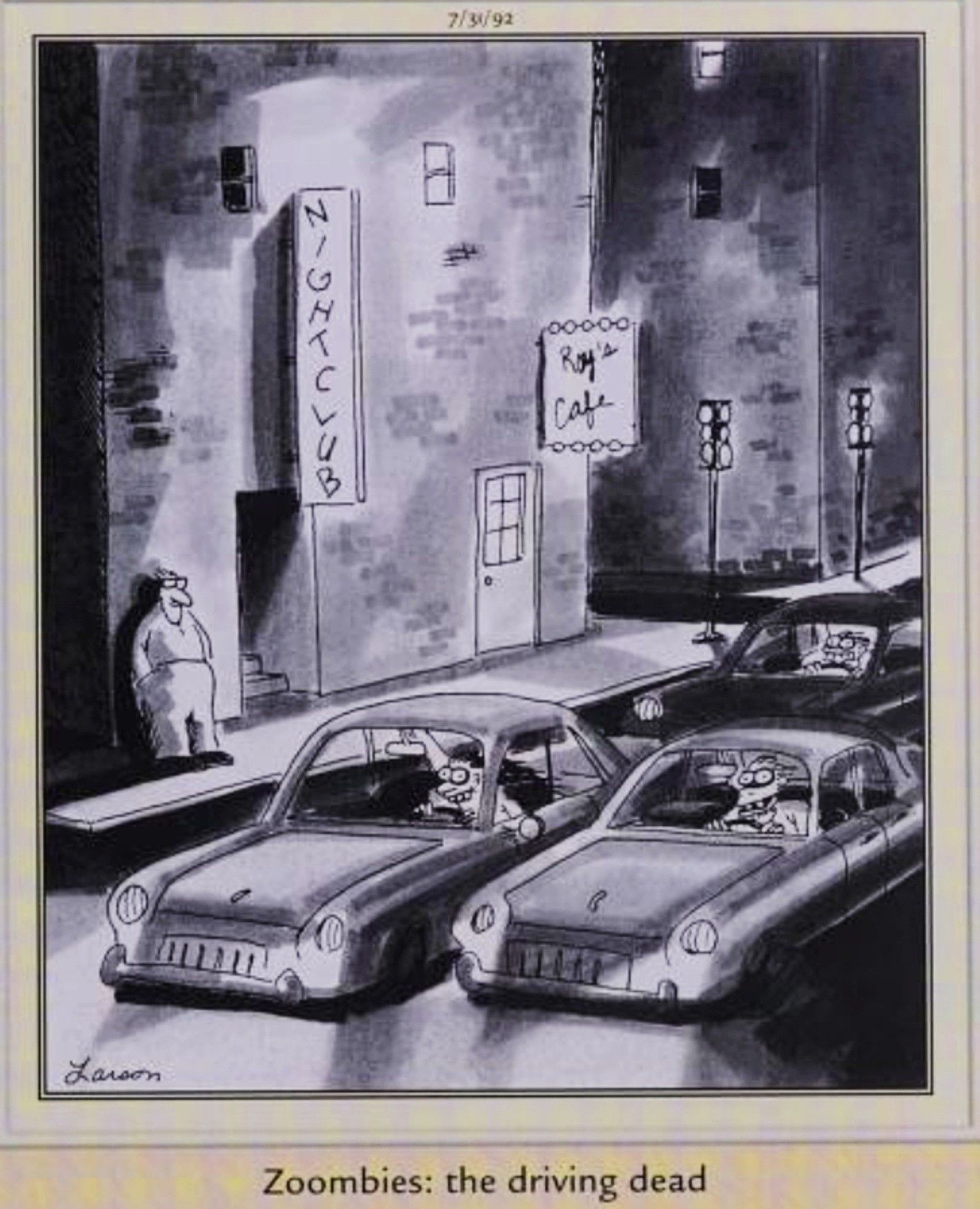 Far Side, July 31, 1992, captioned 'zoombies the driving dead'
