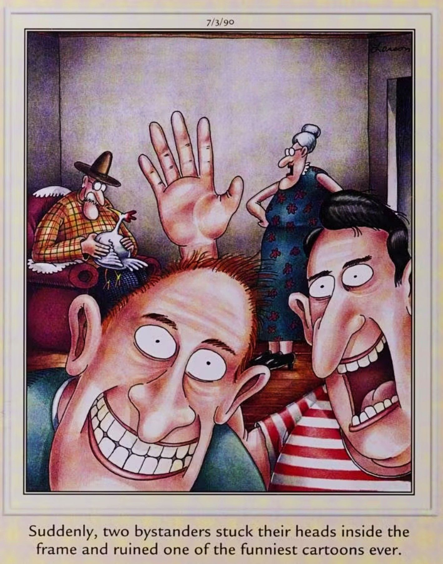 Far Side July 5 1990, two characters photobomb a Far Side comic