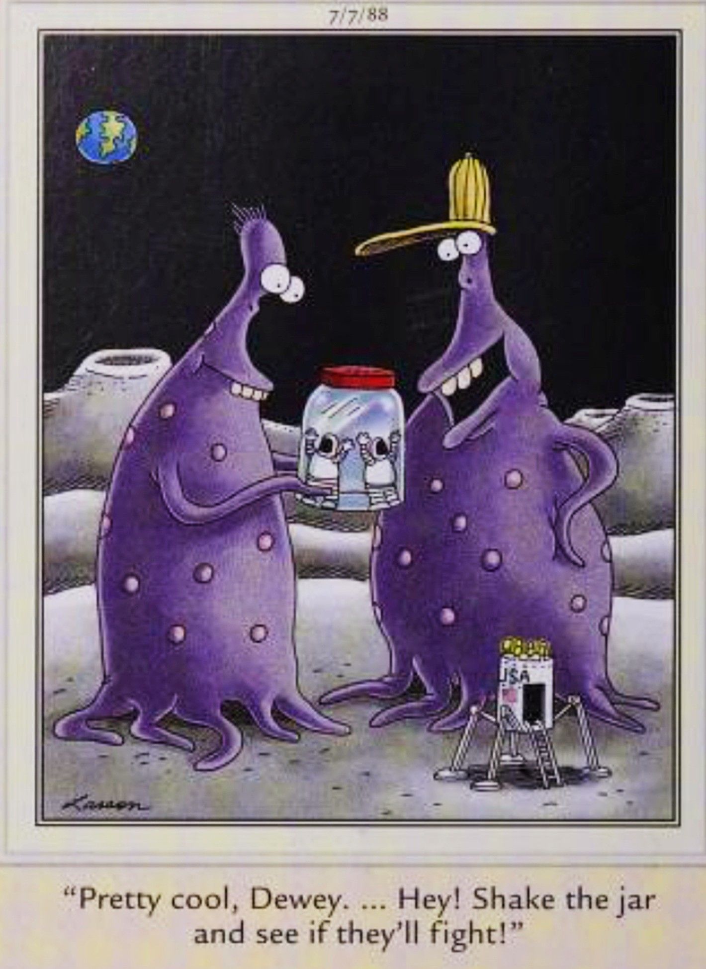Far Side, July 7, 1988, giant aliens capture astronauts in a jar