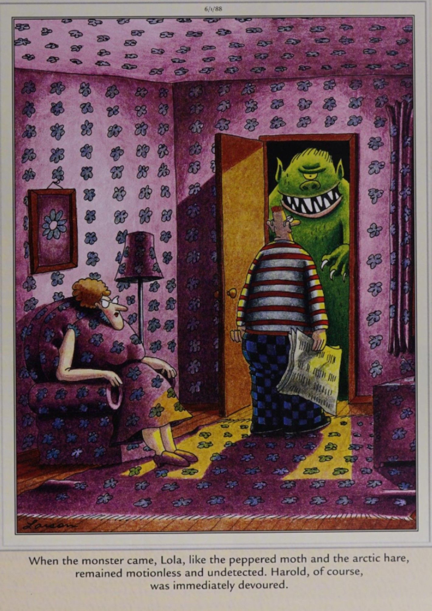 Far Side, June 1, 1988, a woman camafloges herself to survive a monster attack