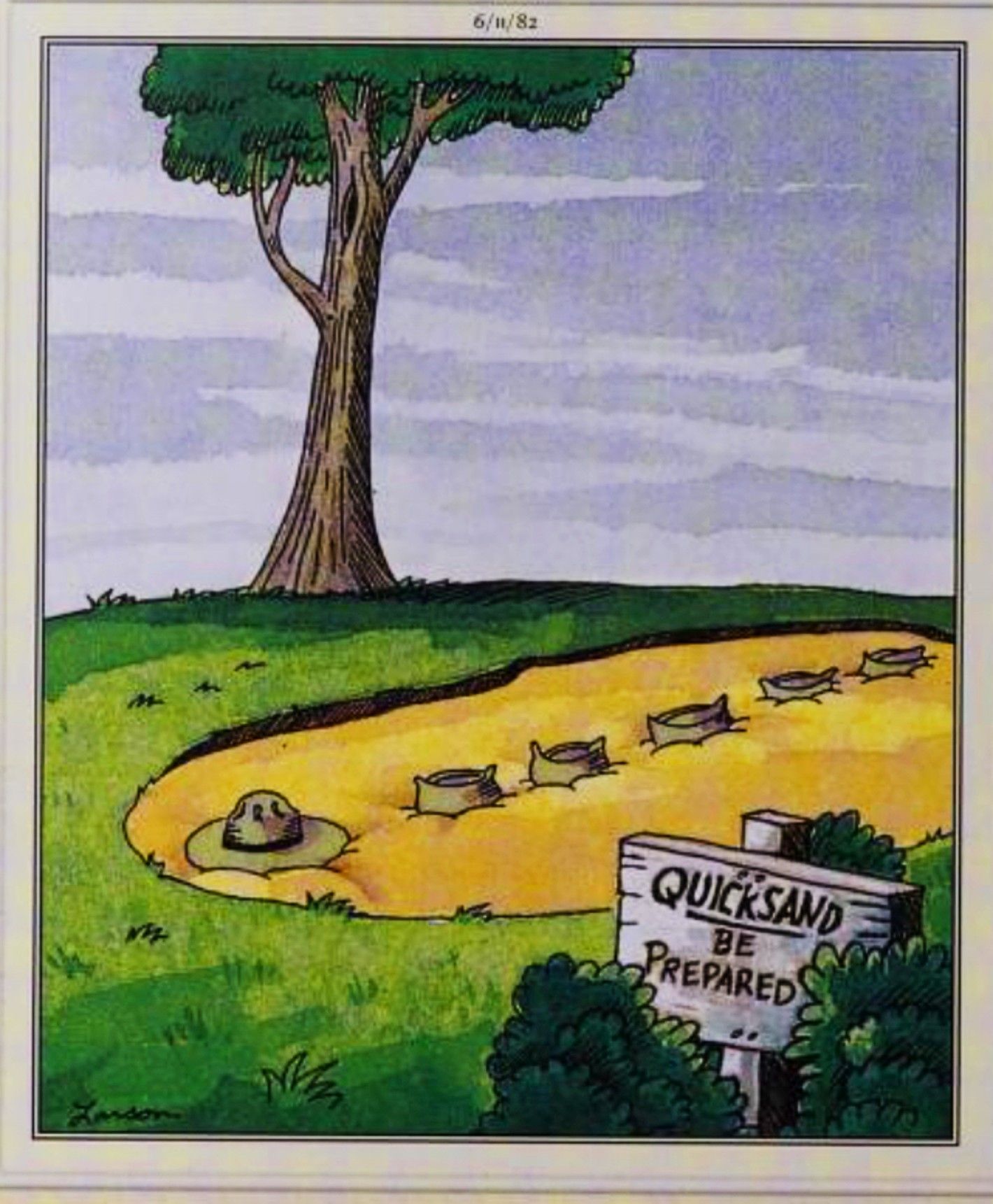 Far Side, 11 de junio de 1982, una compañía de Boy Scout perdió en Quicksand