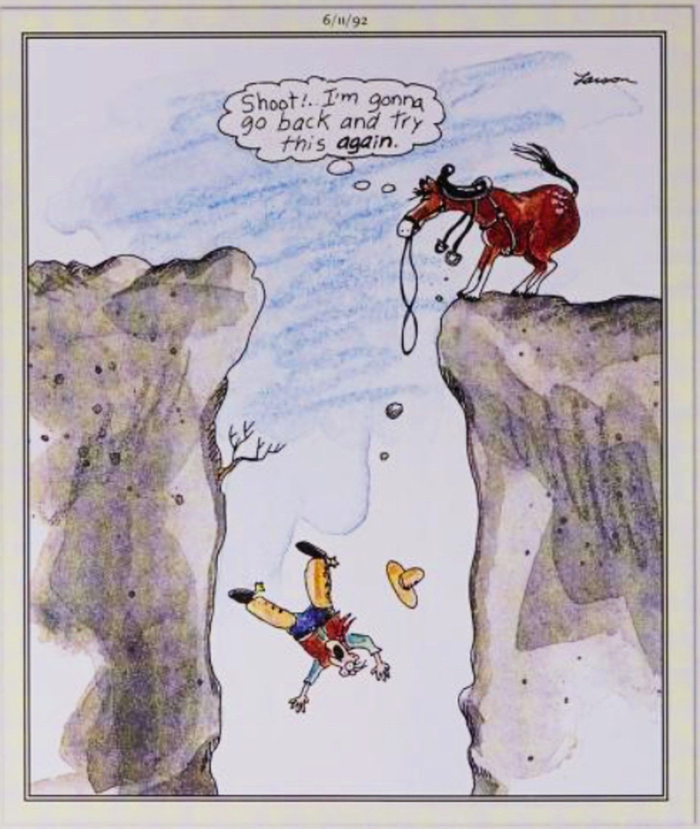 Far Side, June 11, 1992, a horse throws its rider down a gorge