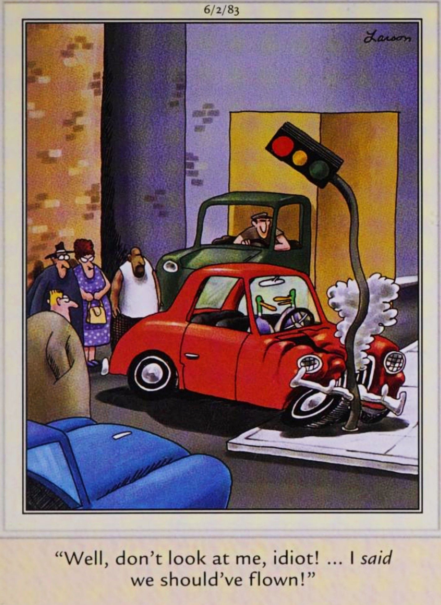 Far Side, June 2, 1983, ducks crash their car into a stop light