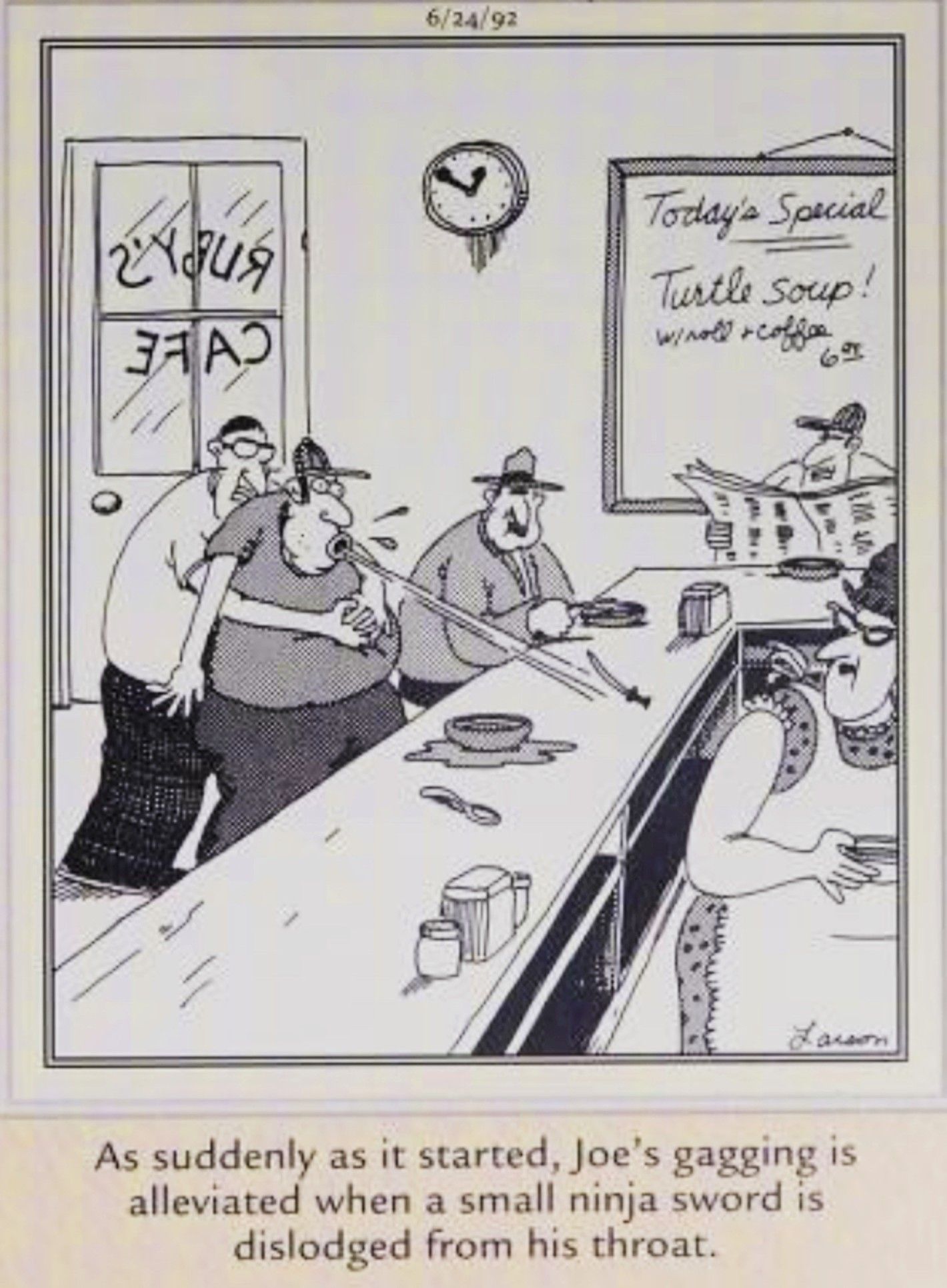 Far Side, June 24, 1992, a man at a lunch counter chokes on a tiny samurai sword