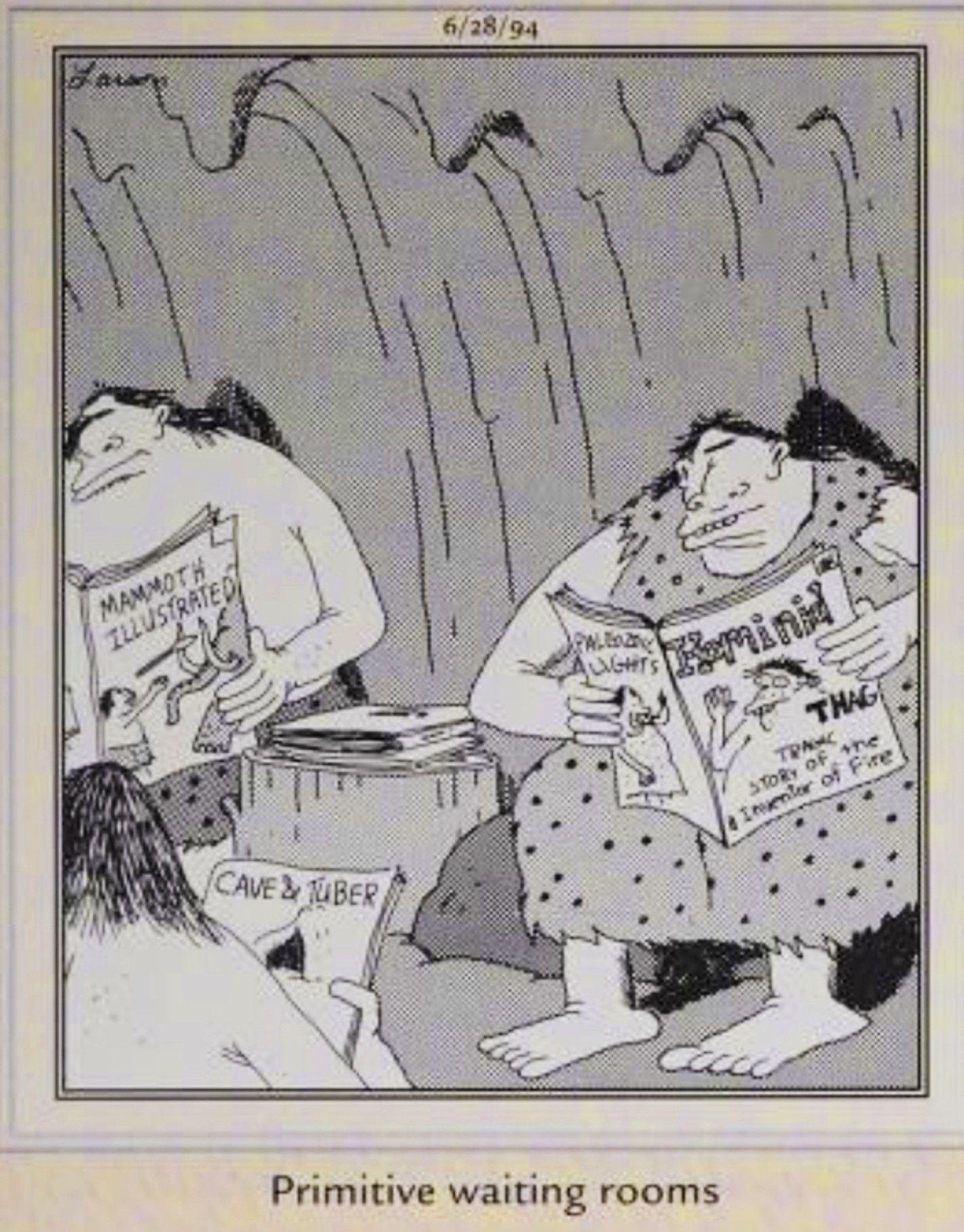 Far Side, June 28, 1994, cavepeople reading prehistoric magazines