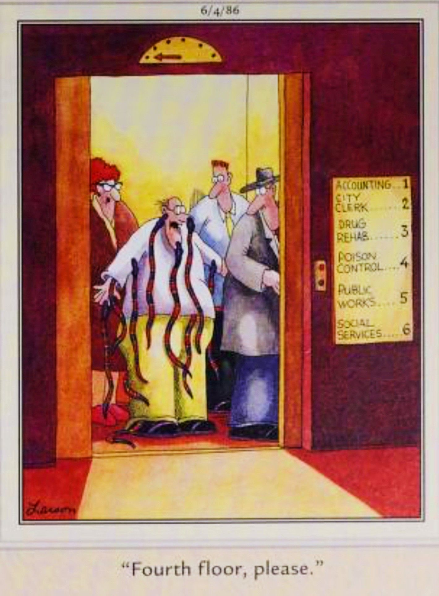 Far Side, June 4, 1986, a man covered in snakes enters an elevator