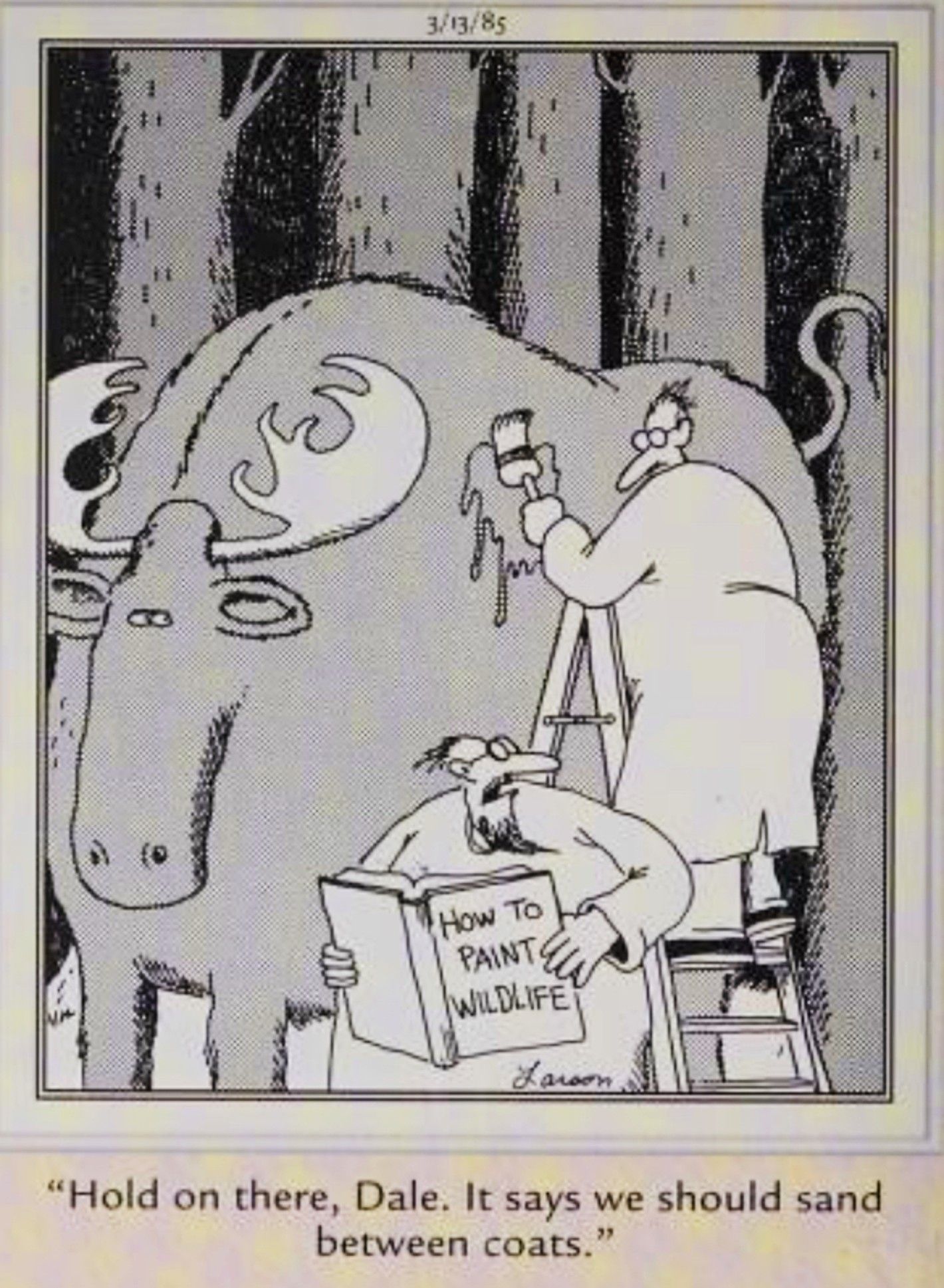 Far Side, March 13, 1985, two men painting a buffalo