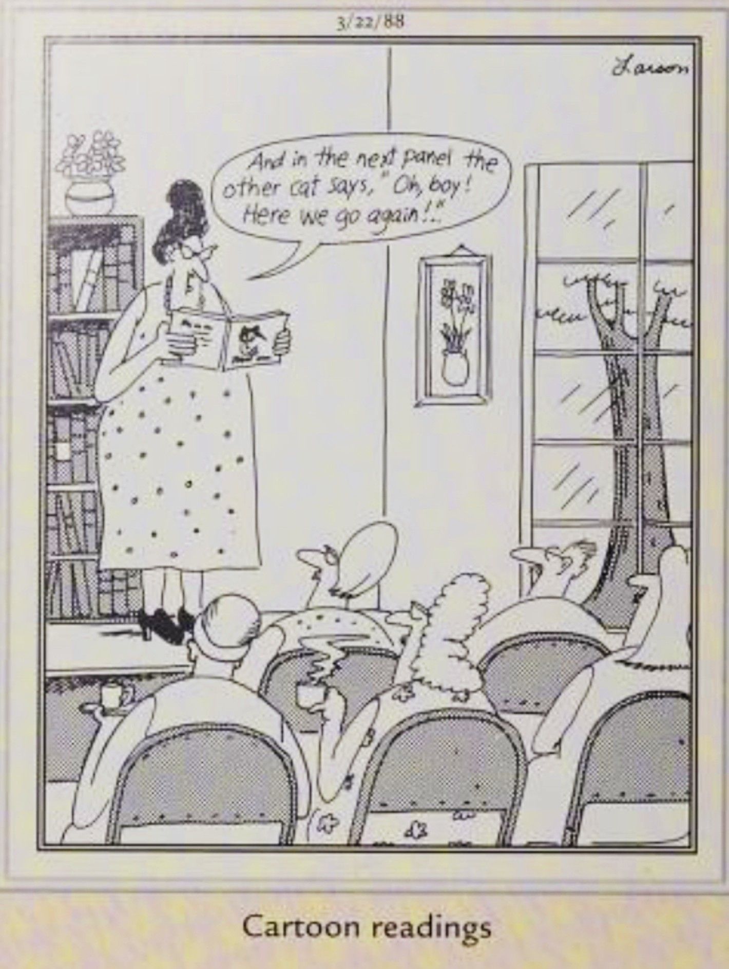 Far Side, March 22, 1988, depicting a &lsquo;cartoon reading&rsquo;