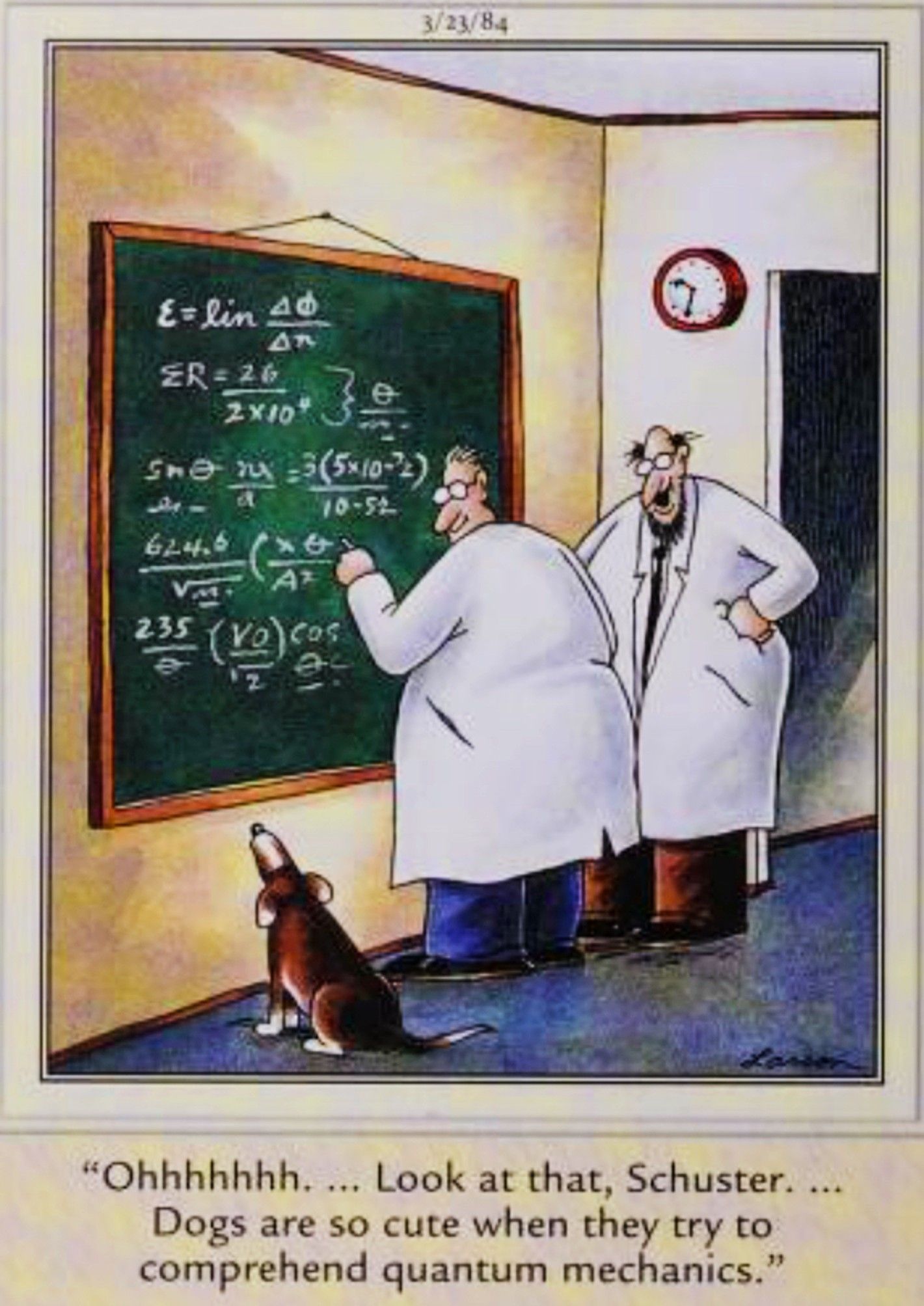 Far Side, March 23, 1984, a dog staring at the chalk board as scientists do equations