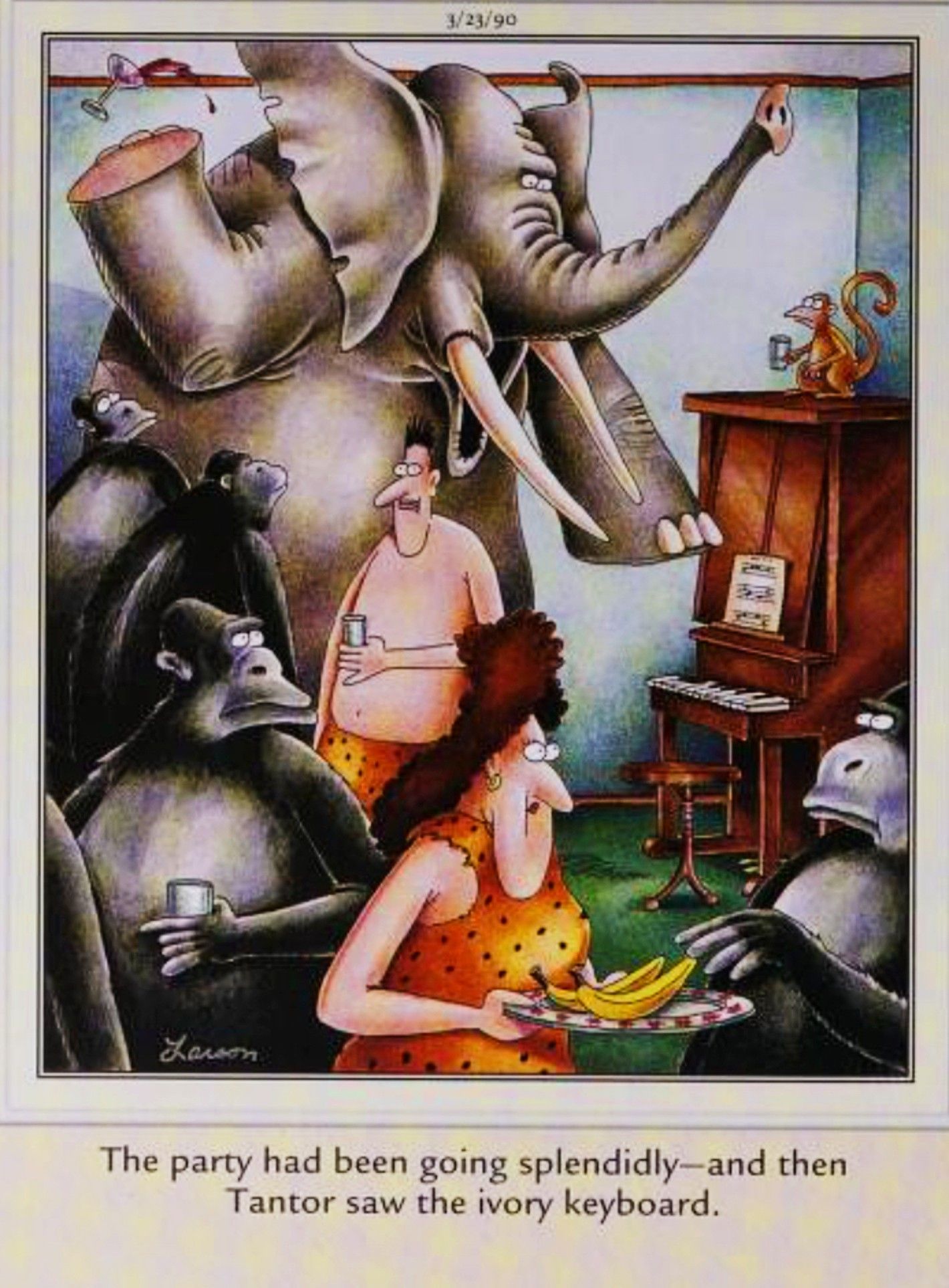 Far Side, March 23, 1990, an elephant at a party freaks out over a piano with ivory keys
