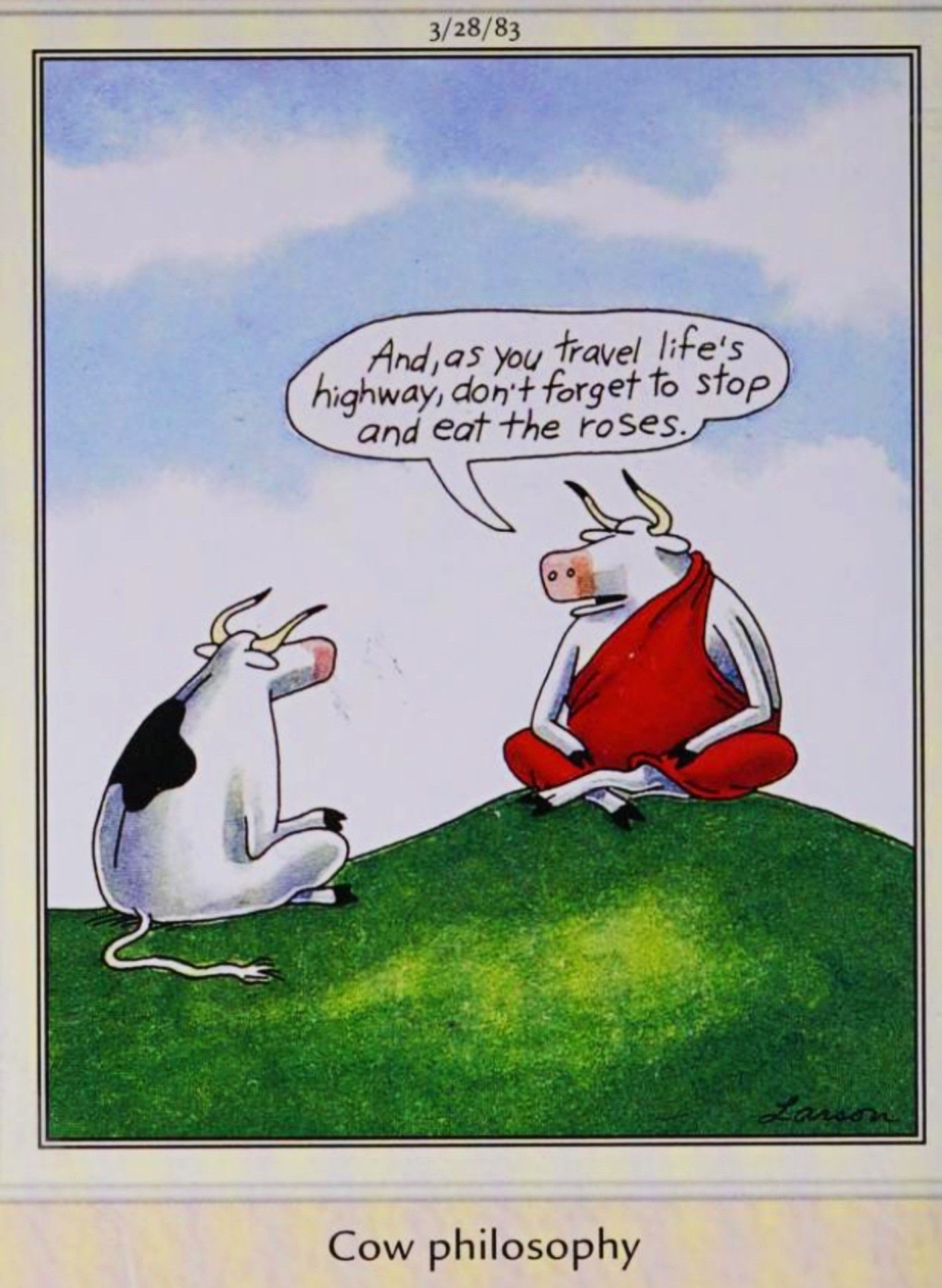 Far Side, March 28, 1983, a buddhist cow on a hill dispenses wisdom about life