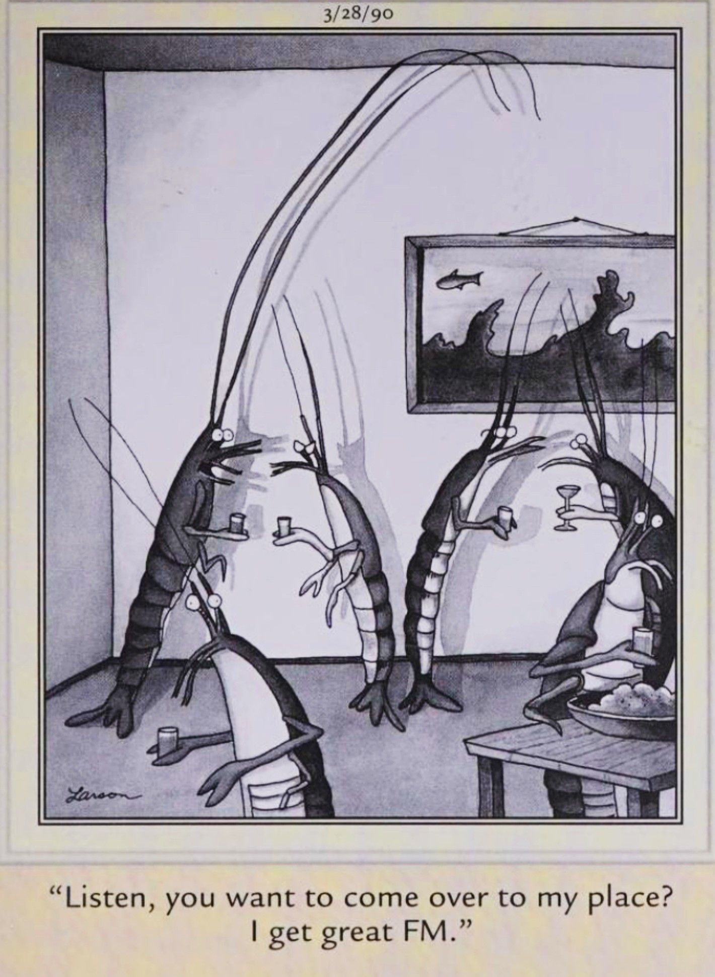 Far Side, March 28, 1990, crawfish flirting at a cocktail party