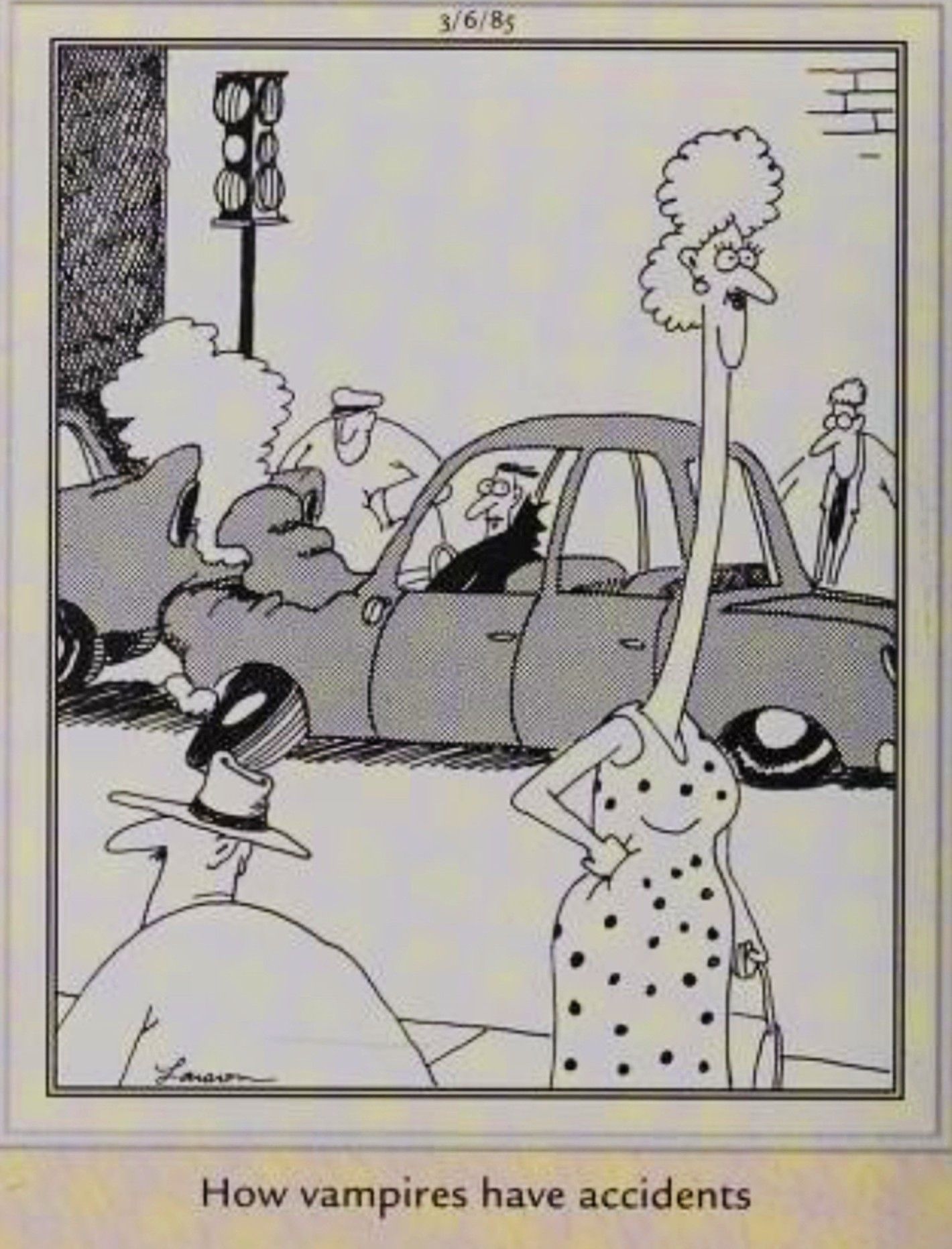Far Side, March 6, 1985, a vampire crashes his car oogling a longnecked woman