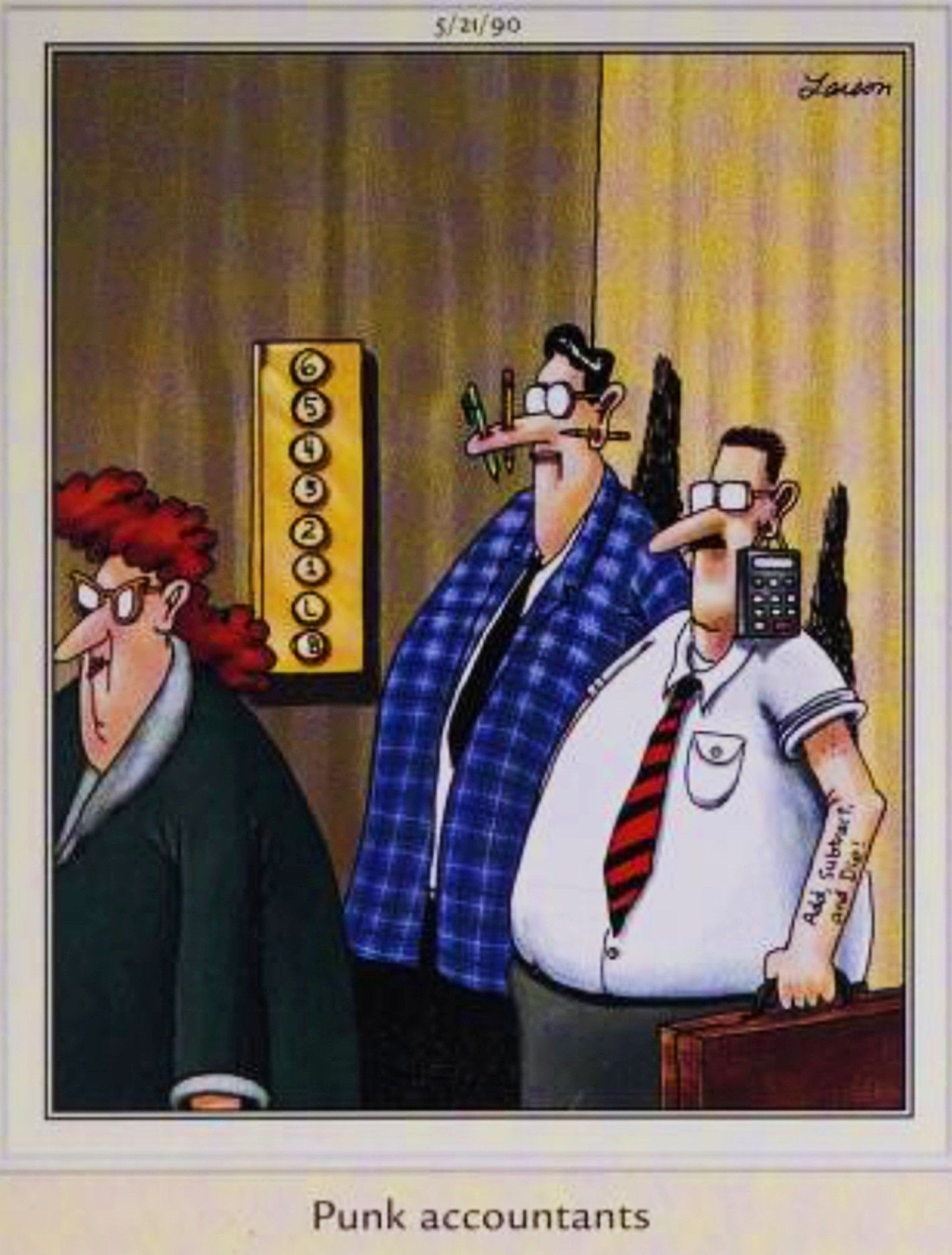 Far Side, May 21, 1990, &lsquo;punk accountants&rsquo; in an elevator