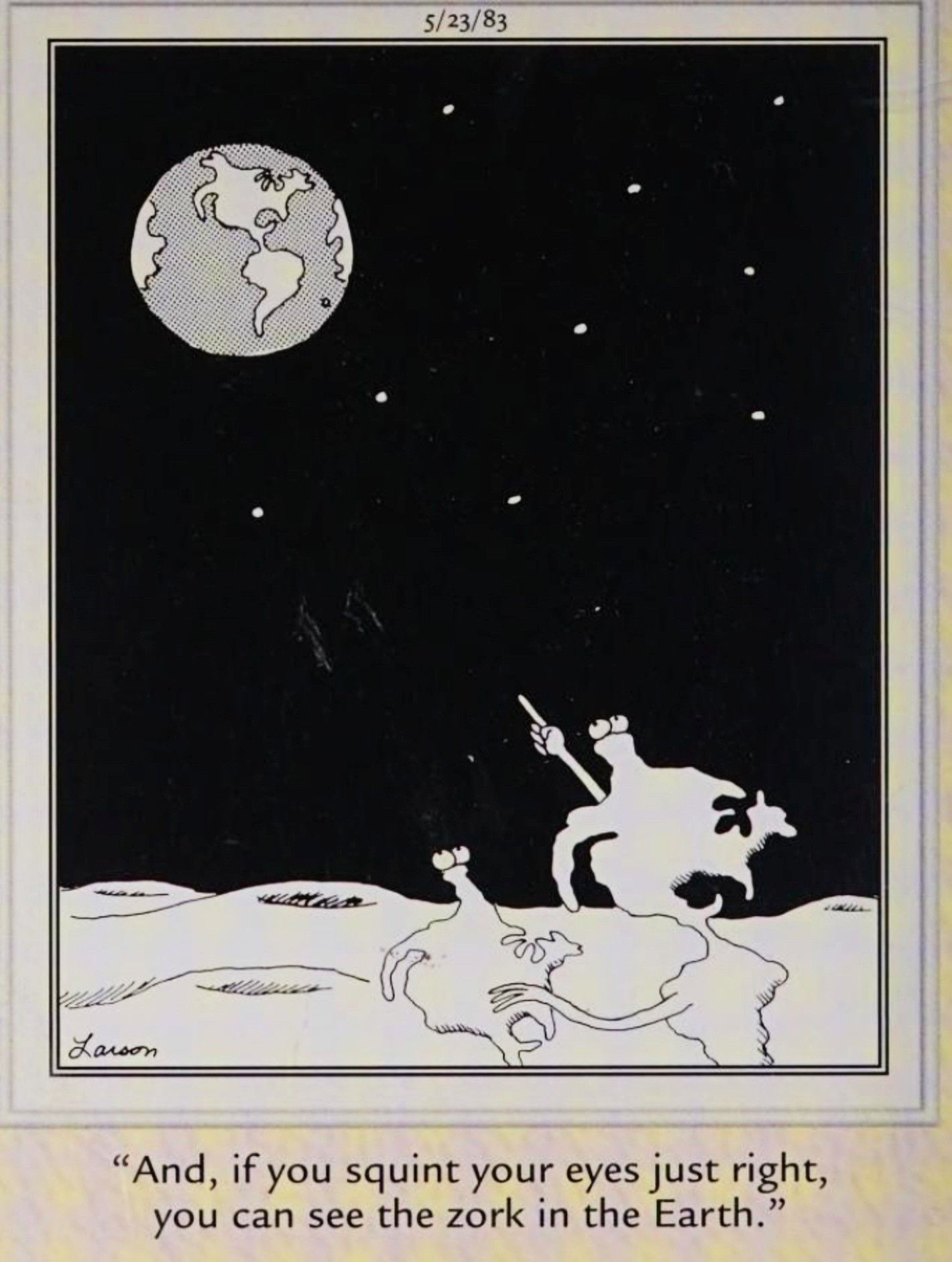 Far Side, May 23, 1983, continent-shaped aliens look at Earth from afar