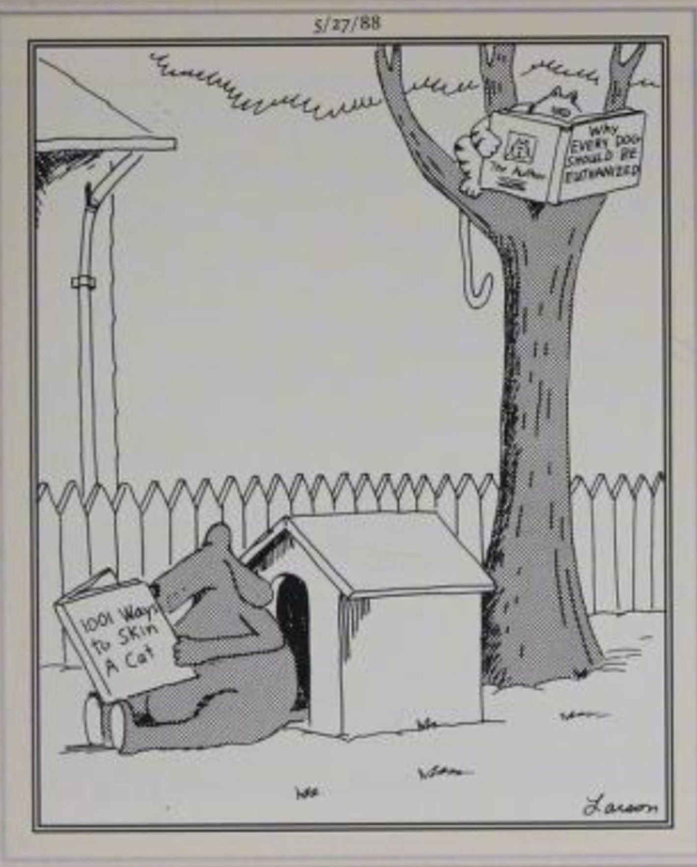 Far Side, May 27, 1988, a dog and a cat reading books