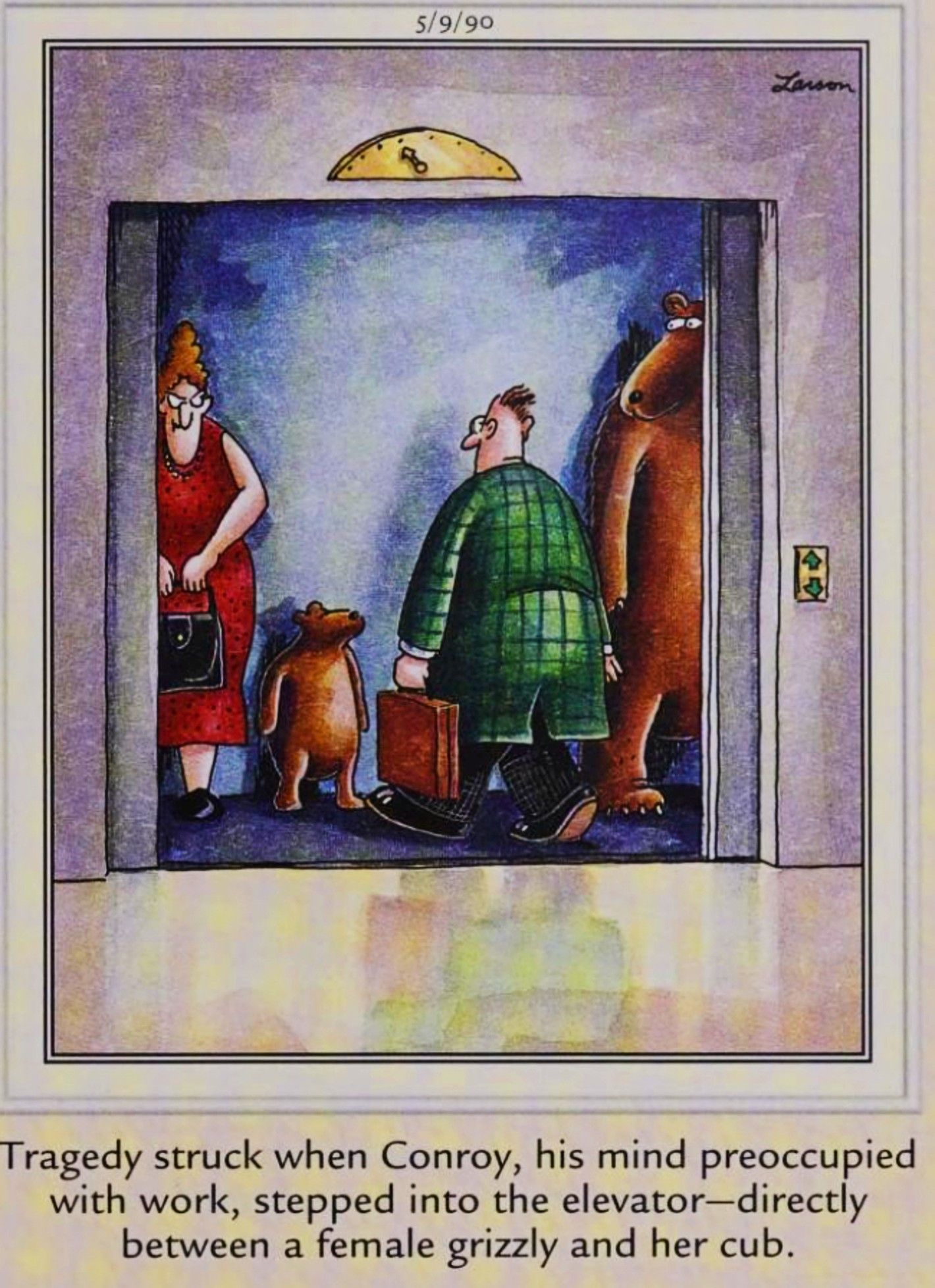 Far Side, May 9, 1990, a man gets between a bear and her cub in an elevator
