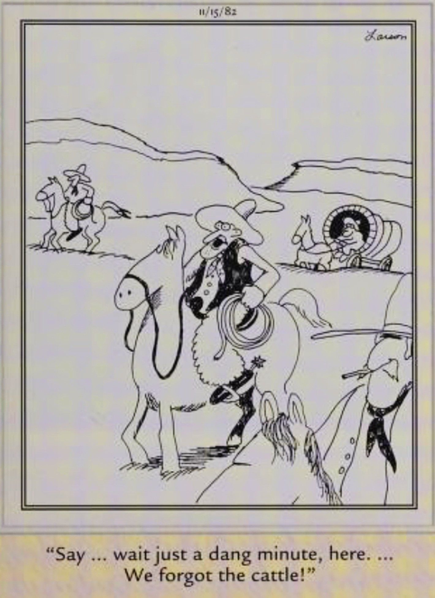Far Side, November 15, 1982, cattle rustlers forget the cows