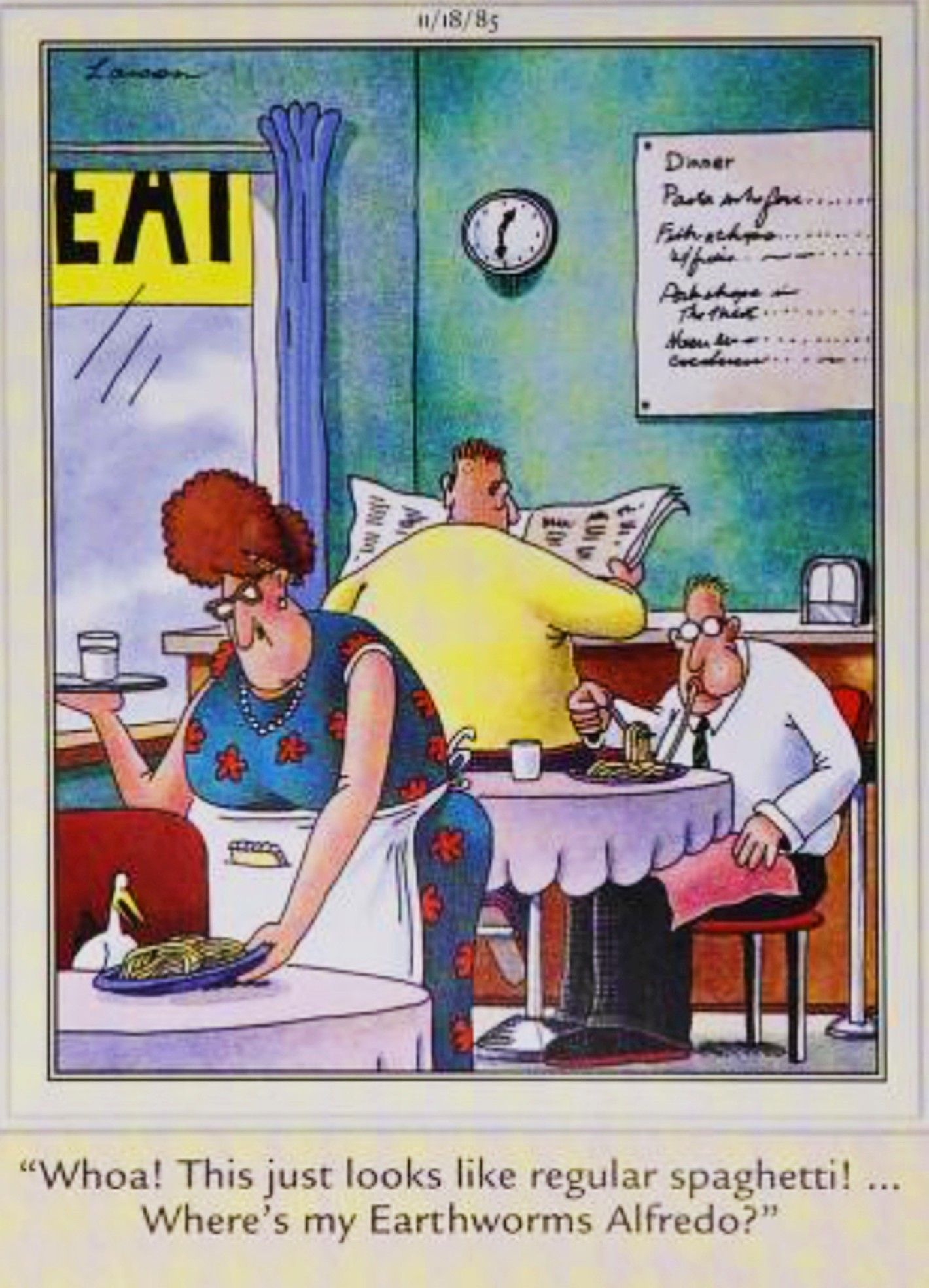 Far Side, November 18, 1985, a man and a bird get their orders mixed up at the diner